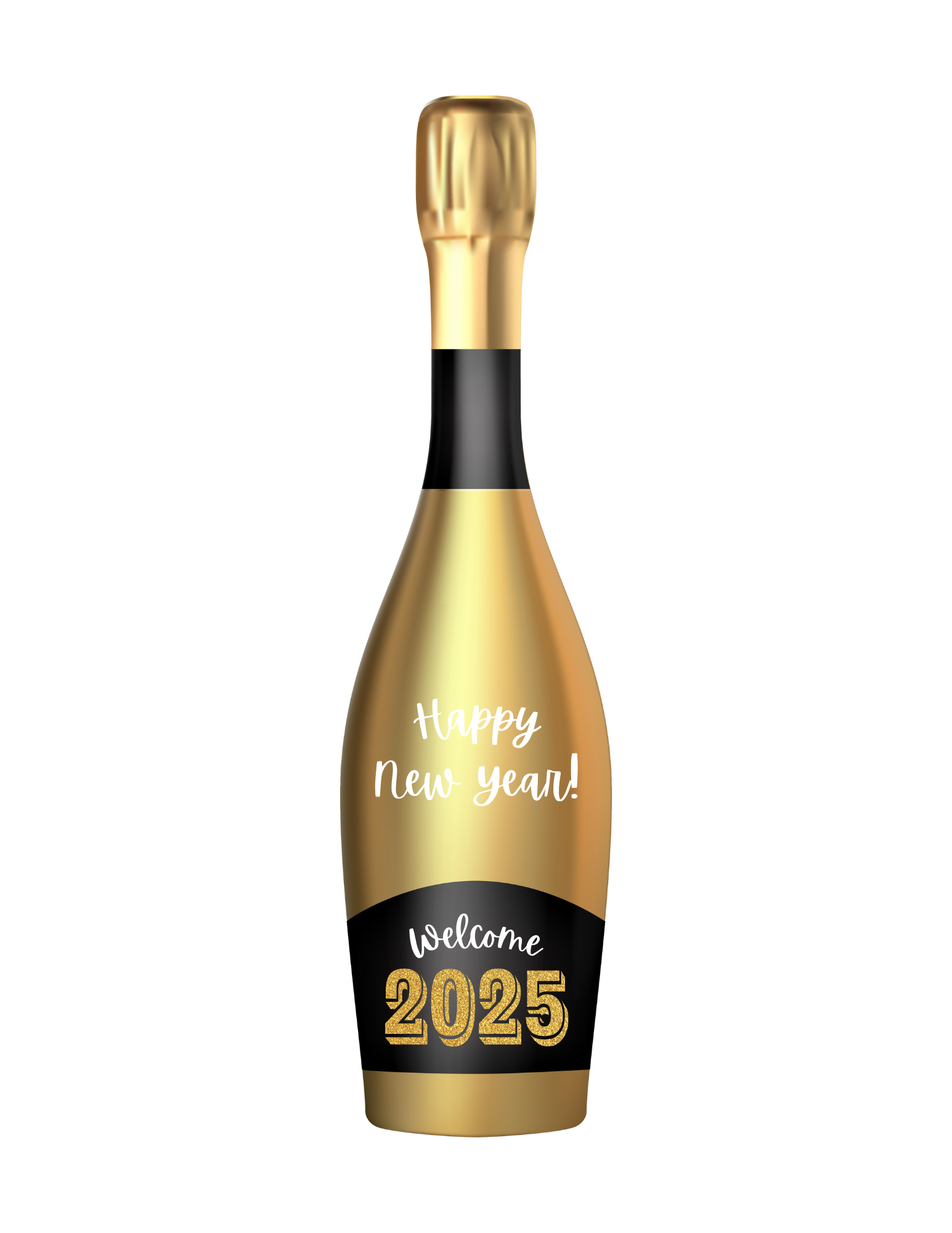 The Wondermom Shop's New Year Photo Booth Props includes a gold champagne bottle labeled with "Happy New Year!" and "Welcome 2025," ideal for enhancing your 2025 New Year's Eve celebration.