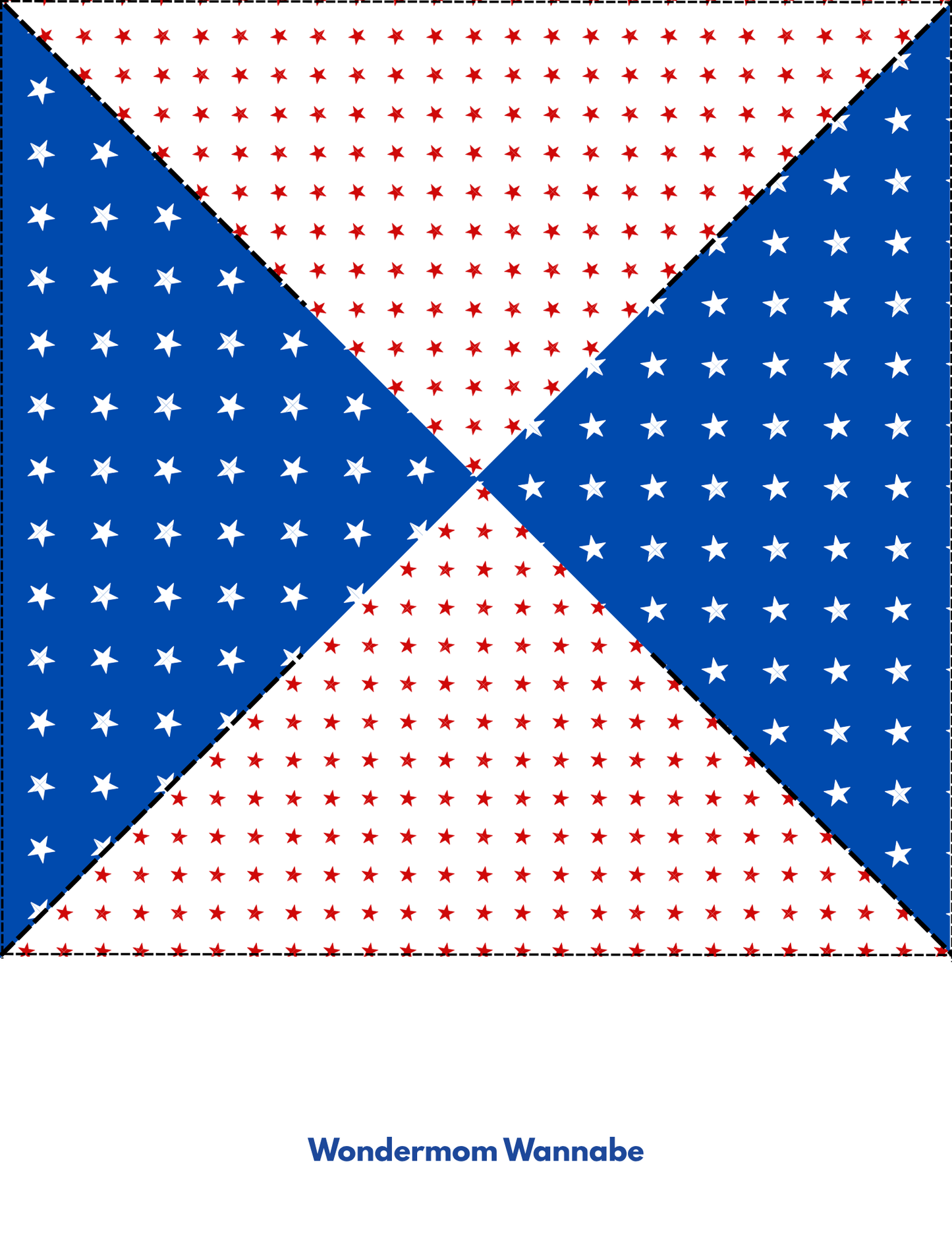 The Easy 4th of July Pinwheel Craft for Kids from Wondermom Shop features blue triangles with white stars and a white background with red stars, plus "Wondermom Wannabe" text—perfect for festive printable pinwheel patterns.
