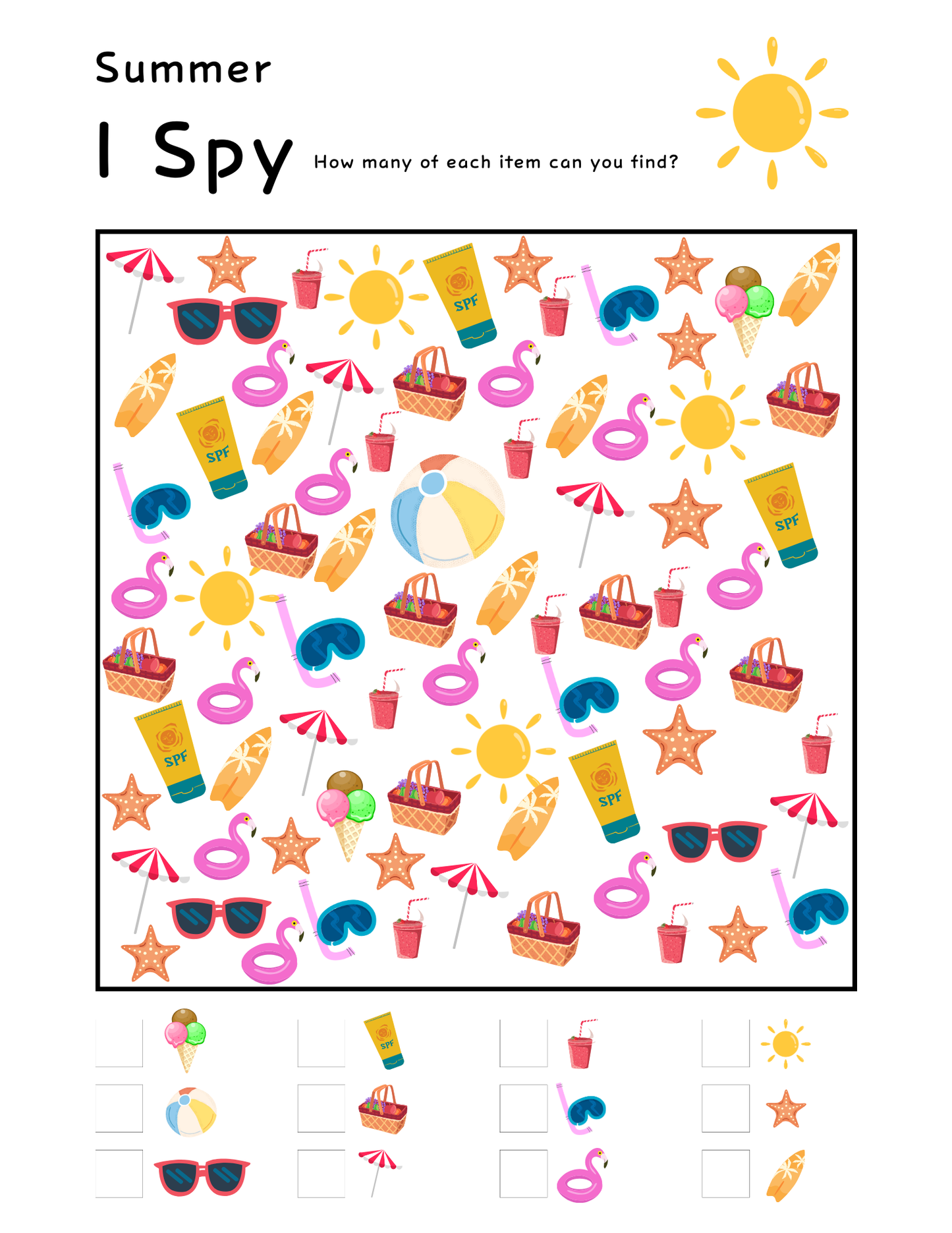 The Printable Summer Activity Book by Wondermom Shop features a summer "I Spy" puzzle with sunglasses, ice cream, and beach balls. This screen-free kids’ activity is available as an instant download.