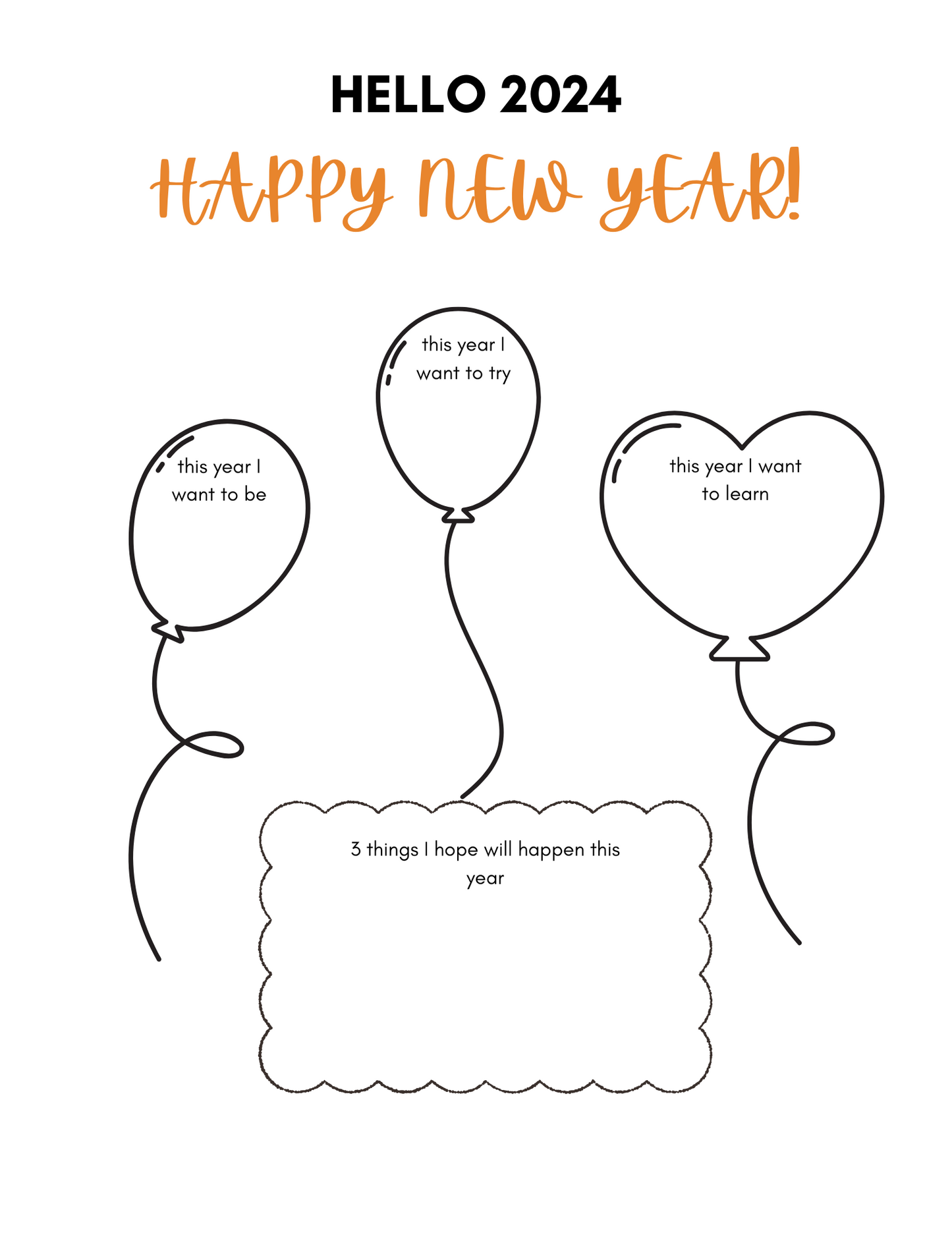 The "Hello 2024" worksheet by Wondermom Shop includes activity pages with three balloons for kids to jot down their goals and a cloud for three hopes, making it perfect for the Kid’s New Year’s Eve Pack.