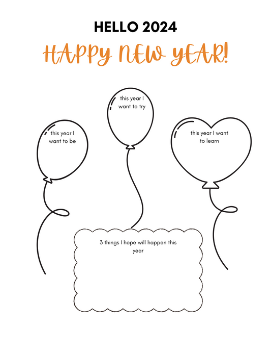 The "Hello 2024" worksheet by Wondermom Shop includes activity pages with three balloons for kids to jot down their goals and a cloud for three hopes, making it perfect for the Kid’s New Year’s Eve Pack.