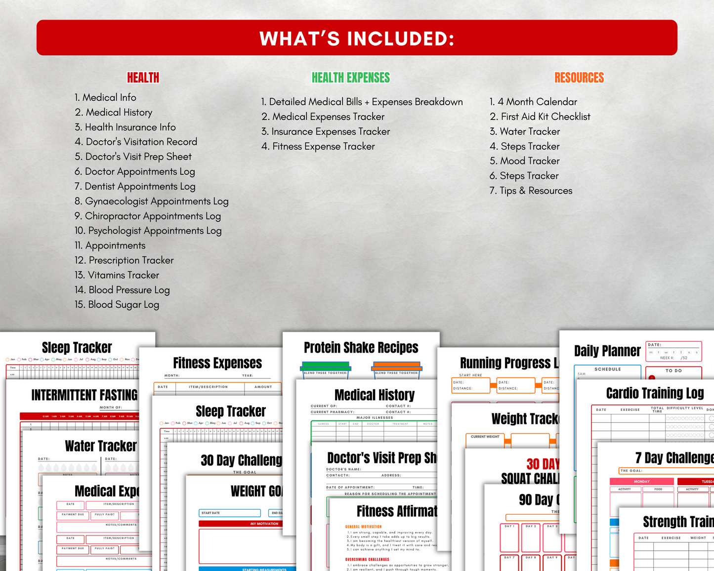 The image features the Wondermom Shop's Ultimate Health & Wellness Planner, a collection of health-focused resources including illustrated forms, habit trackers for medical history, fitness planner guides, meal planning tips, and daily organization aids.