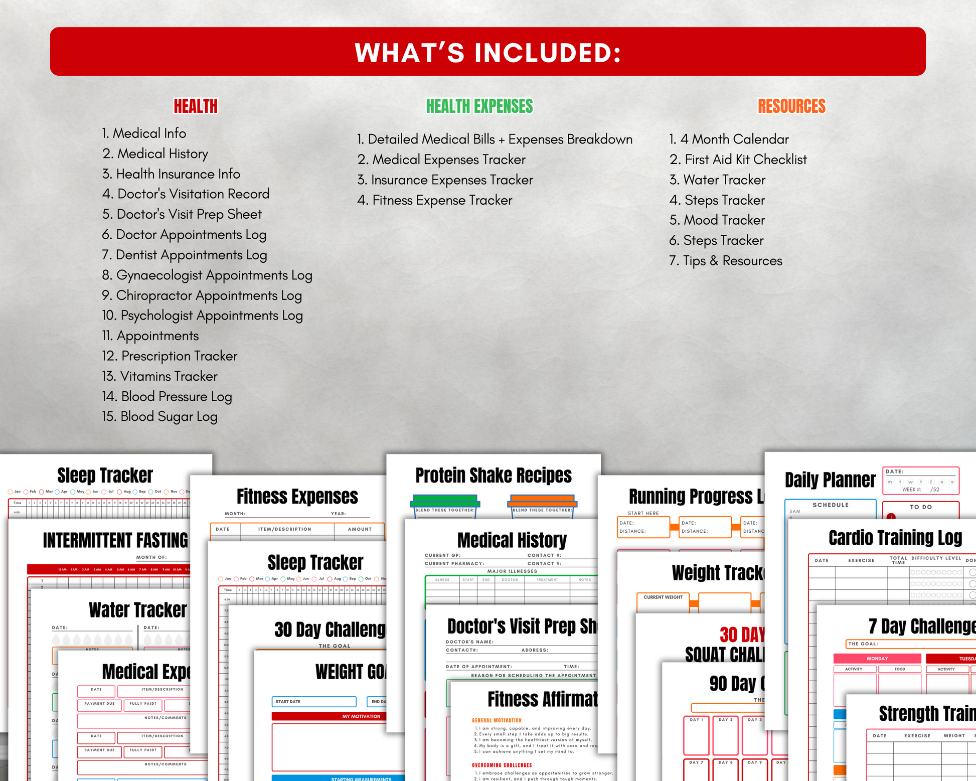 The image features the Wondermom Shop's Ultimate Health & Wellness Planner, a collection of health-focused resources including illustrated forms, habit trackers for medical history, fitness planner guides, meal planning tips, and daily organization aids.