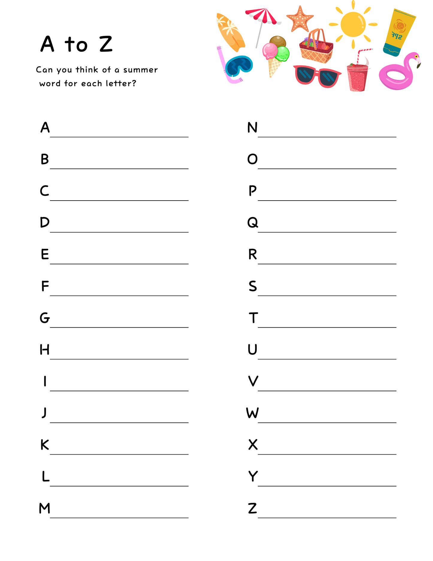 The Printable Summer Activity Book by Wondermom Shop includes an instant download A to Z worksheet with vibrant top-right illustrations—an ideal, screen-free way to practice summer words and enhance your activity book collection.