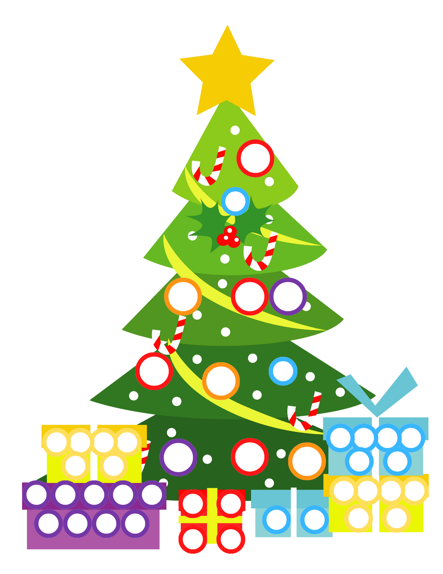 A festive Christmas tree with presents around it, perfect for the Wondermom Shop's Christmas Roll and Color Dice Game.