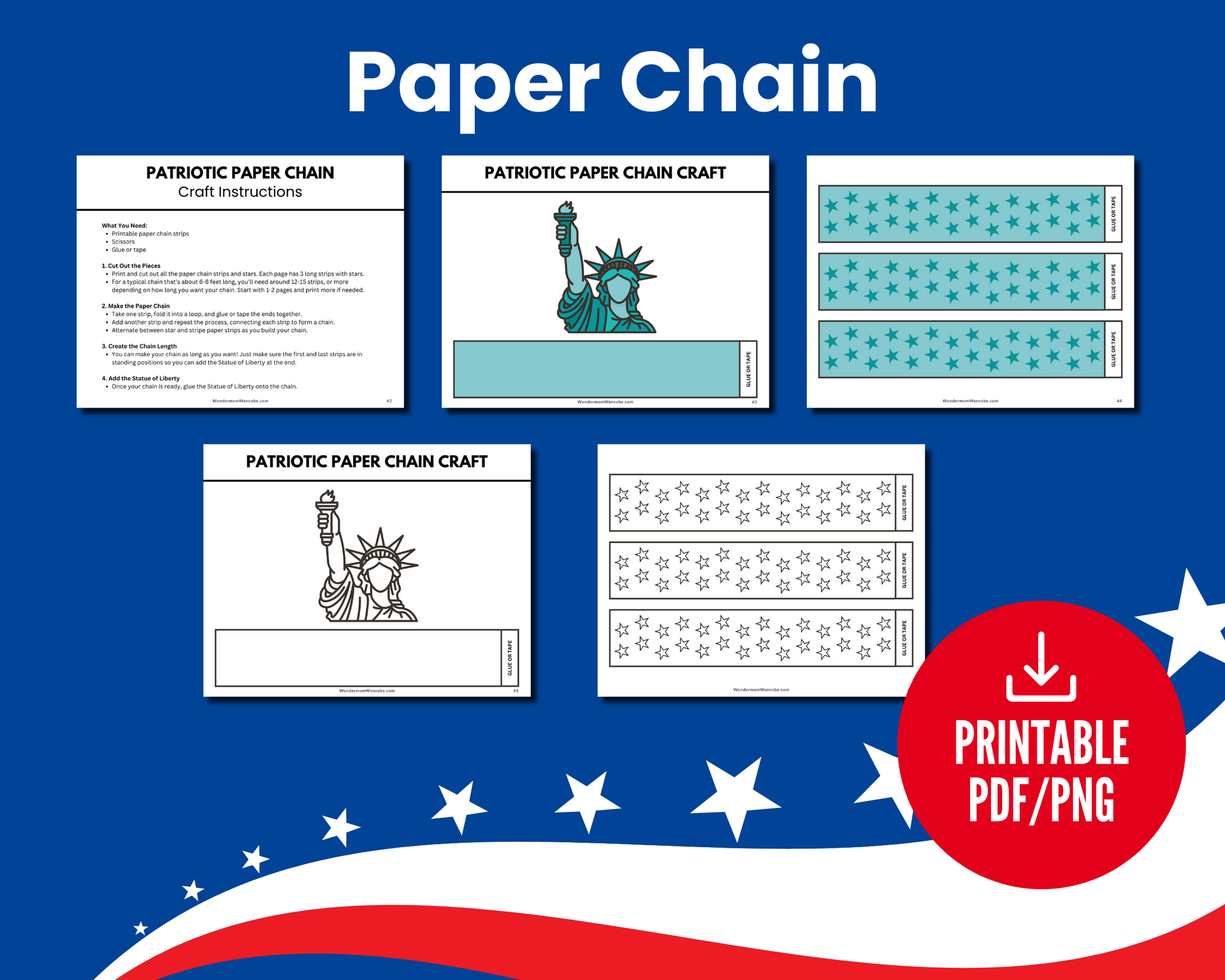 Stars, Stripes & Scissors: 4th of July Crafts for Kids by Wondermom Shop offers printable patriotic paper chain templates with Statue of Liberty and star designs—ideal for Independence Day decorations and fun family craft projects.