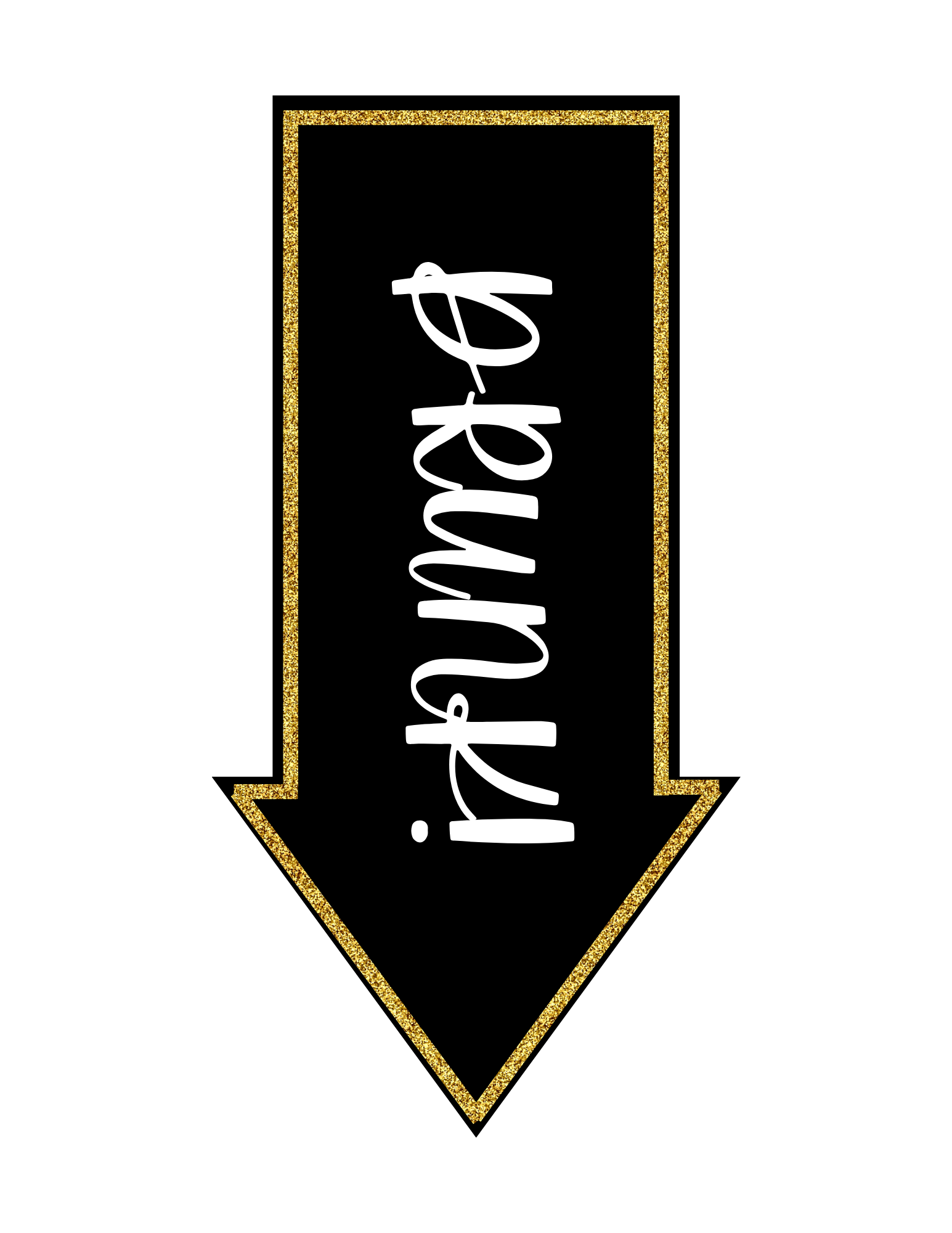 The Wondermom Shop's New Year Photo Booth Props features a downward-pointing black arrow with a gold glitter outline and "brunch" in white, upside down, perfect for 2025 festivities.