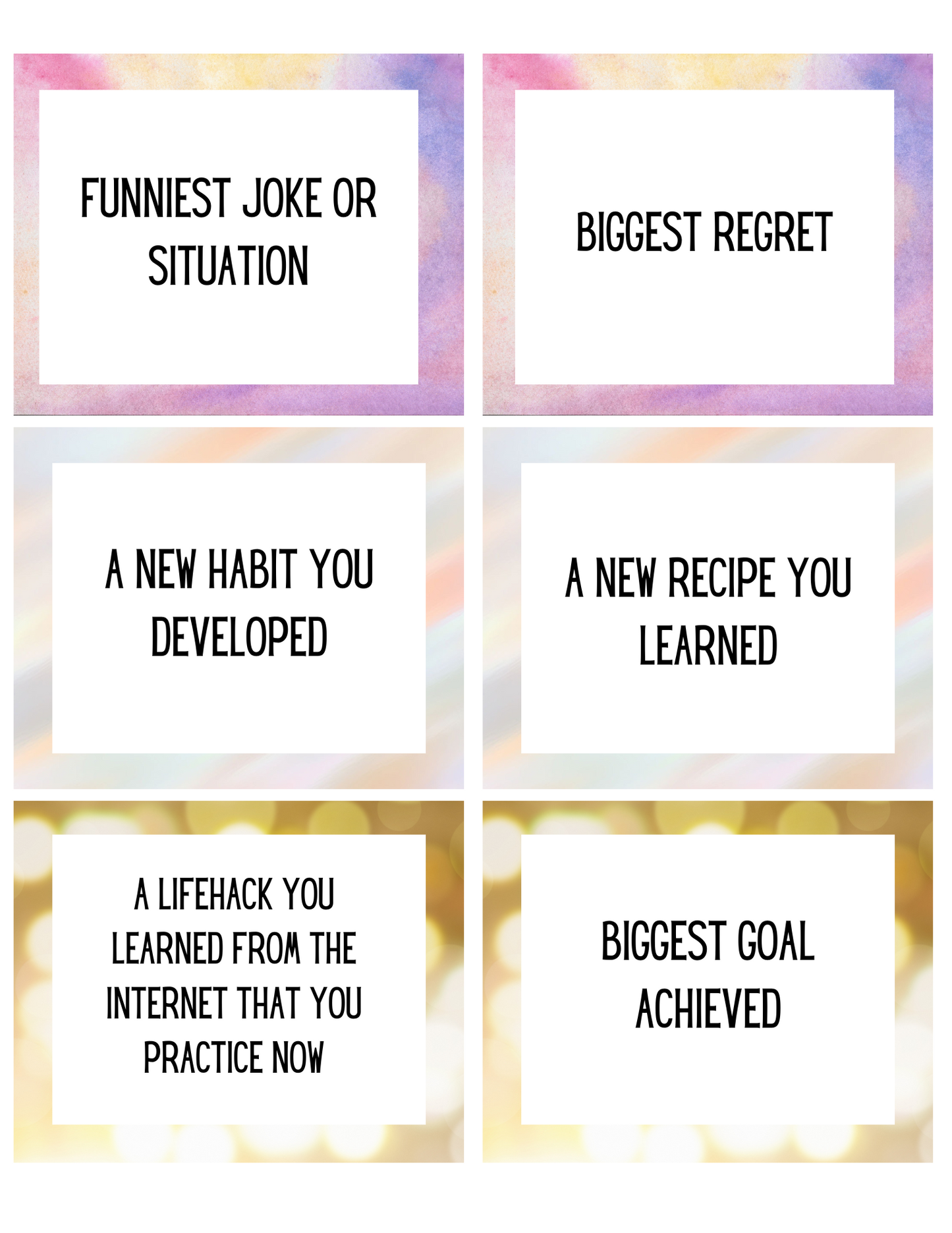 Wondermom Shop's Best and Worst of the Year Card Game features a grid of six cards with prompts like Funniest Joke or Situation and Biggest Regret. Perfect for New Year's, the game sparks meaningful conversations about new habits, lifehacks, recipes, and major achievements.