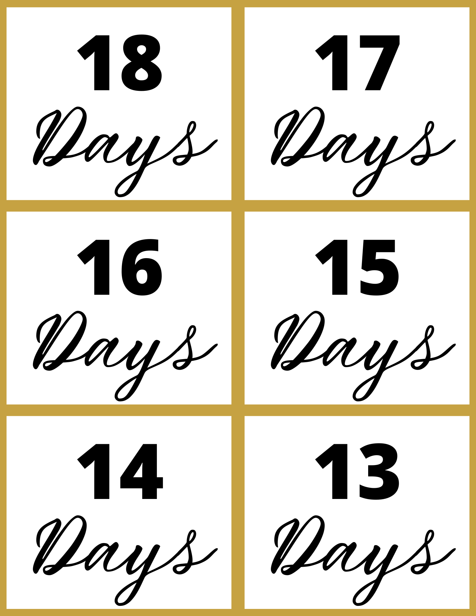 The Wondermom Shop's New Year Countdown Kit features a countdown sign displaying numbers 18 to 13, each followed by "Days" in cursive, arranged in two rows of three. This interactive printable is ideal for tracking time with flair.