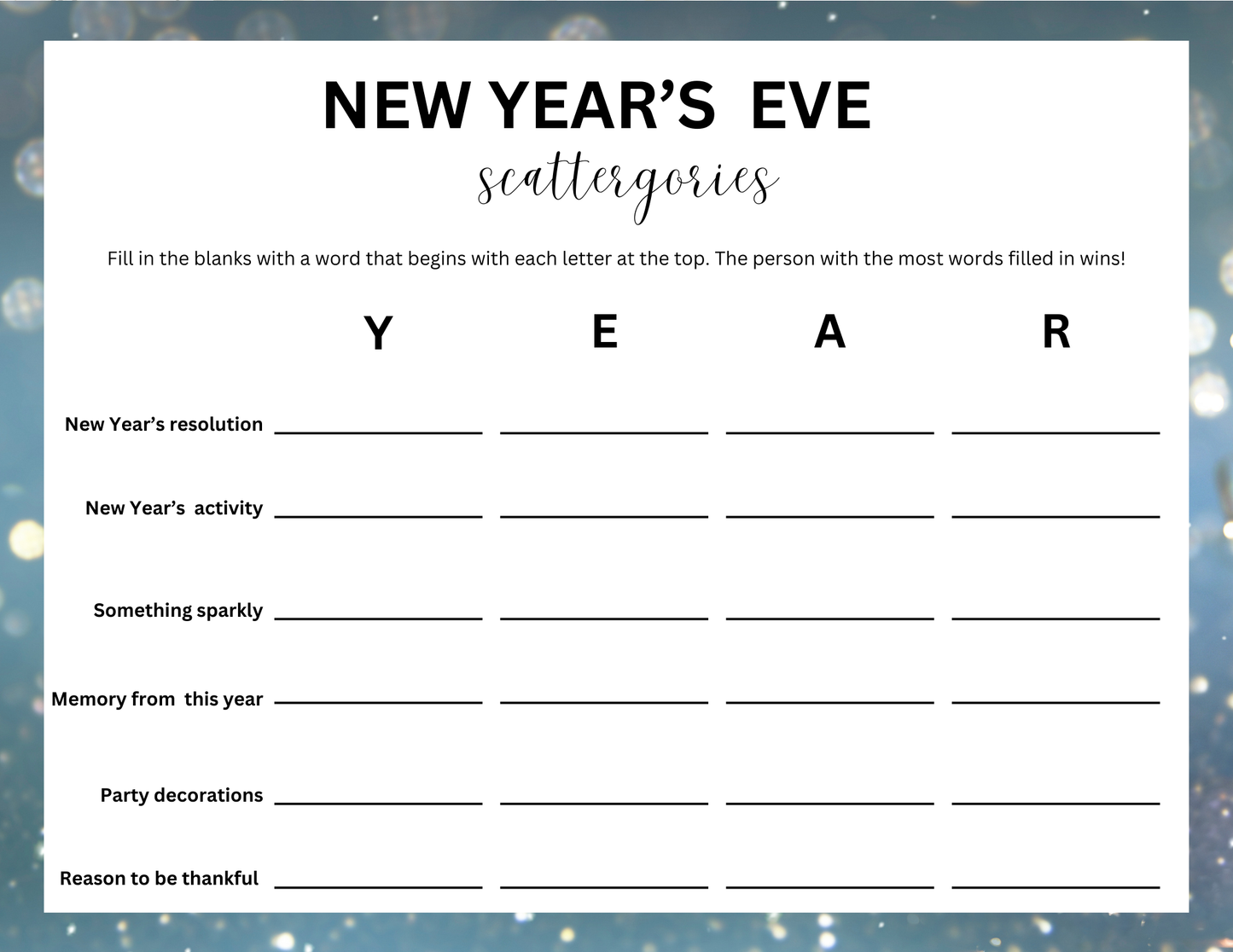 Celebrate with Wondermom Shop's New Year's Eve Scattergories, a printable game with prompts for words starting with Y, E, A, and R.