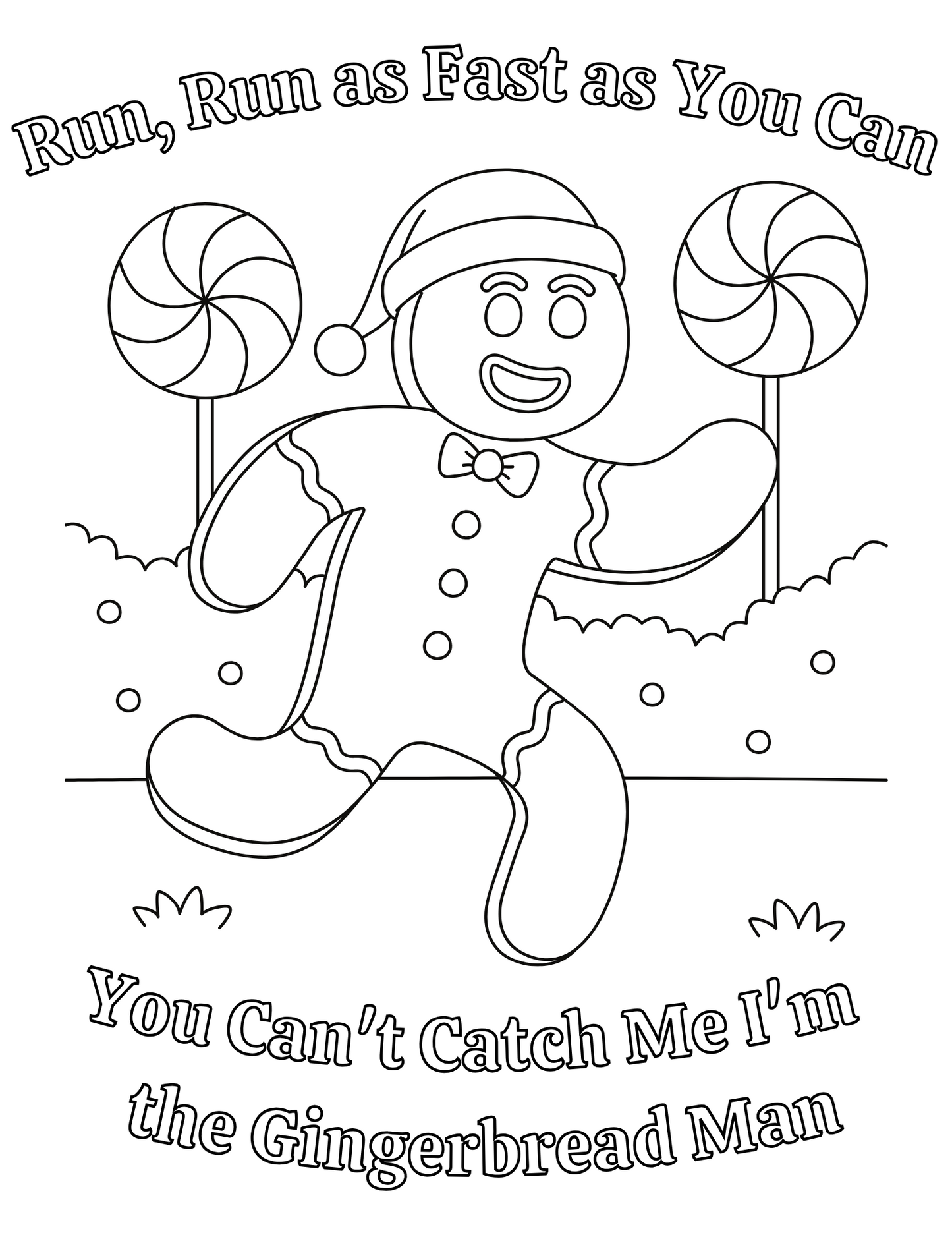 A festive collection of Wondermom Shop's printable Christmas Coloring Pages, including one featuring the words "run as fast as you can't catch me" and the gingerbread mom.