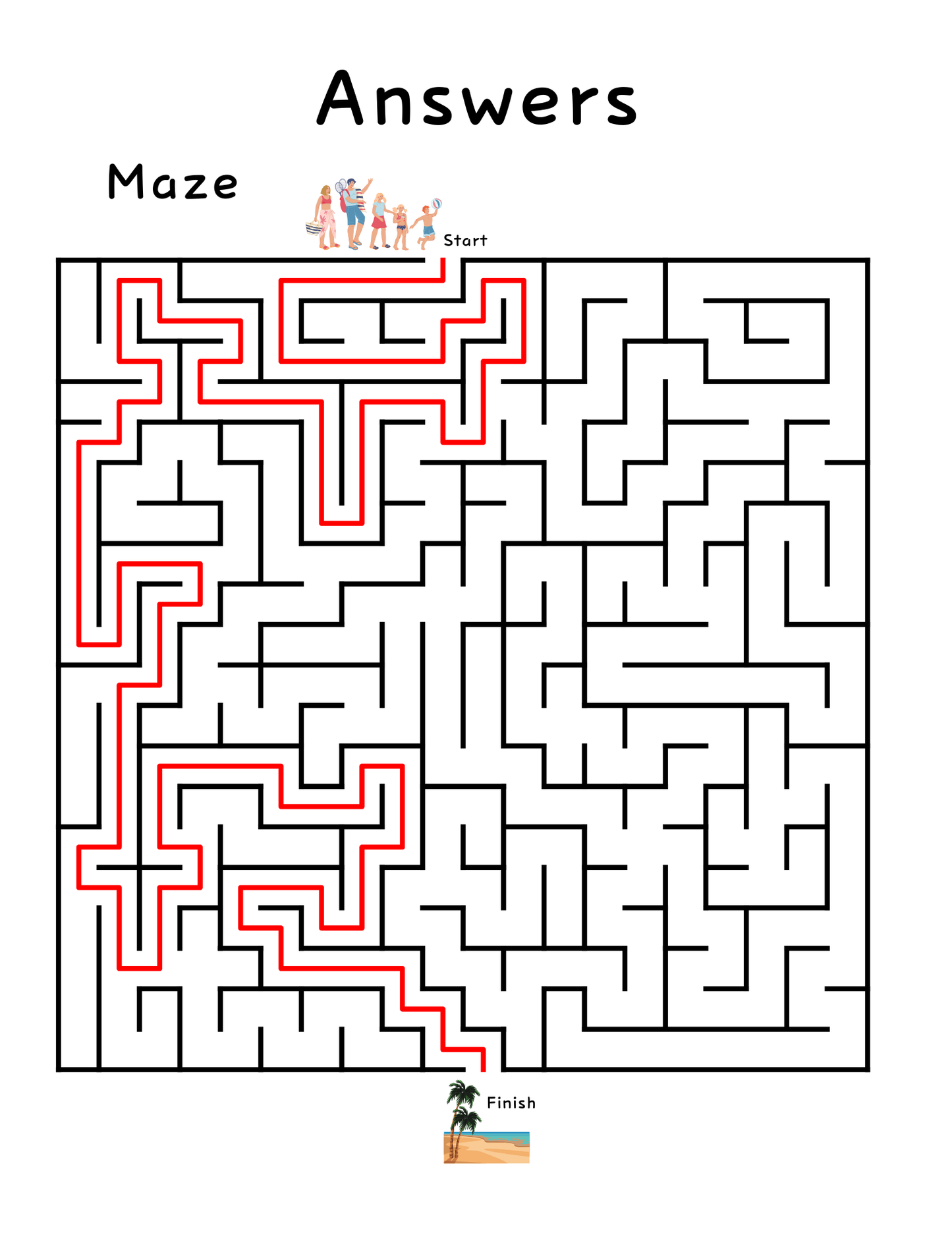 A square maze with a red solution path guides kids from "Start" to "Finish"—a fun, screen-free page from the Printable Summer Activity Book by Wondermom Shop. Download instantly for summer learning!.