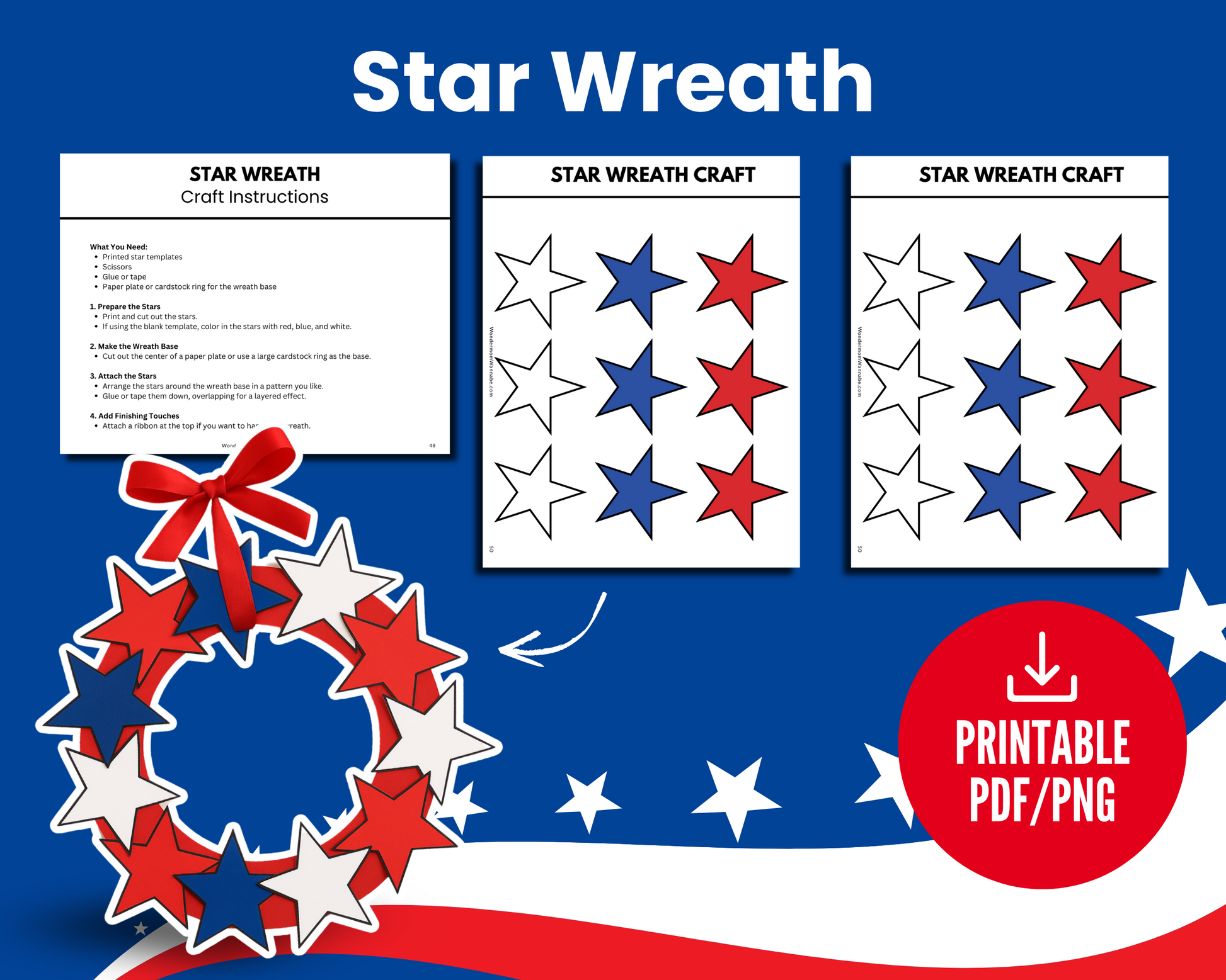 Image featuring printable instructions and templates for Stars, Stripes & Scissors: 4th of July Crafts for Kids by Wondermom Shop—a festive red, white, and blue star wreath project—with example wreath and PDF/PNG printable label.