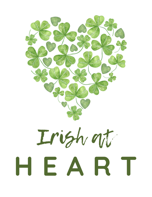 The Wondermom Shop's St. Patrick’s Day Printable Decor features a heart-shaped collage of green shamrocks with "Irish at Heart" text, perfect for adding an emerald touch to your celebration.