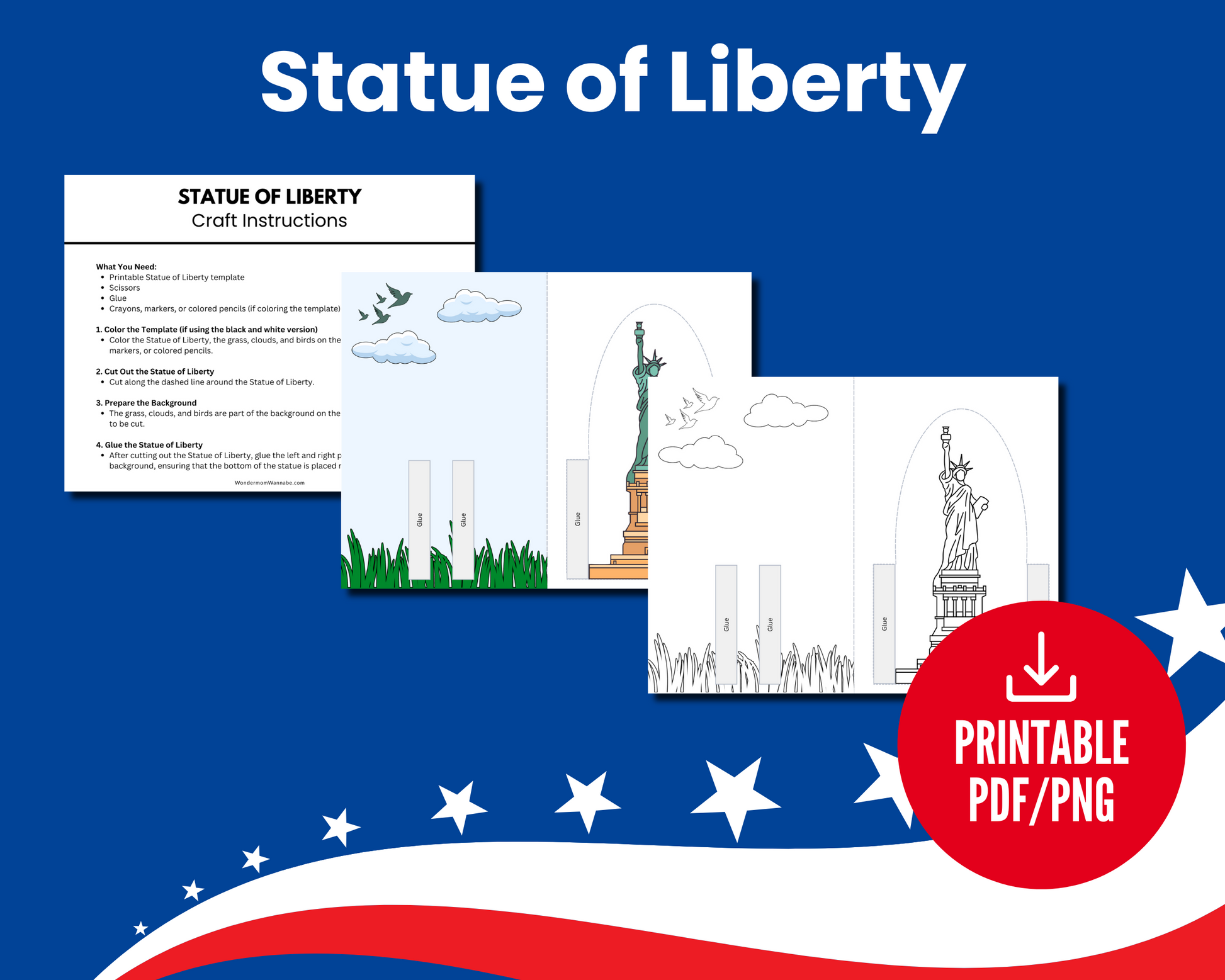 Create patriotic projects with "Stars, Stripes & Scissors: 4th of July Crafts for Kids" by Wondermom Shop! Includes printable PDF/PNG instructions and templates to make a paper Statue of Liberty in color or black-and-white—perfect for Independence Day.