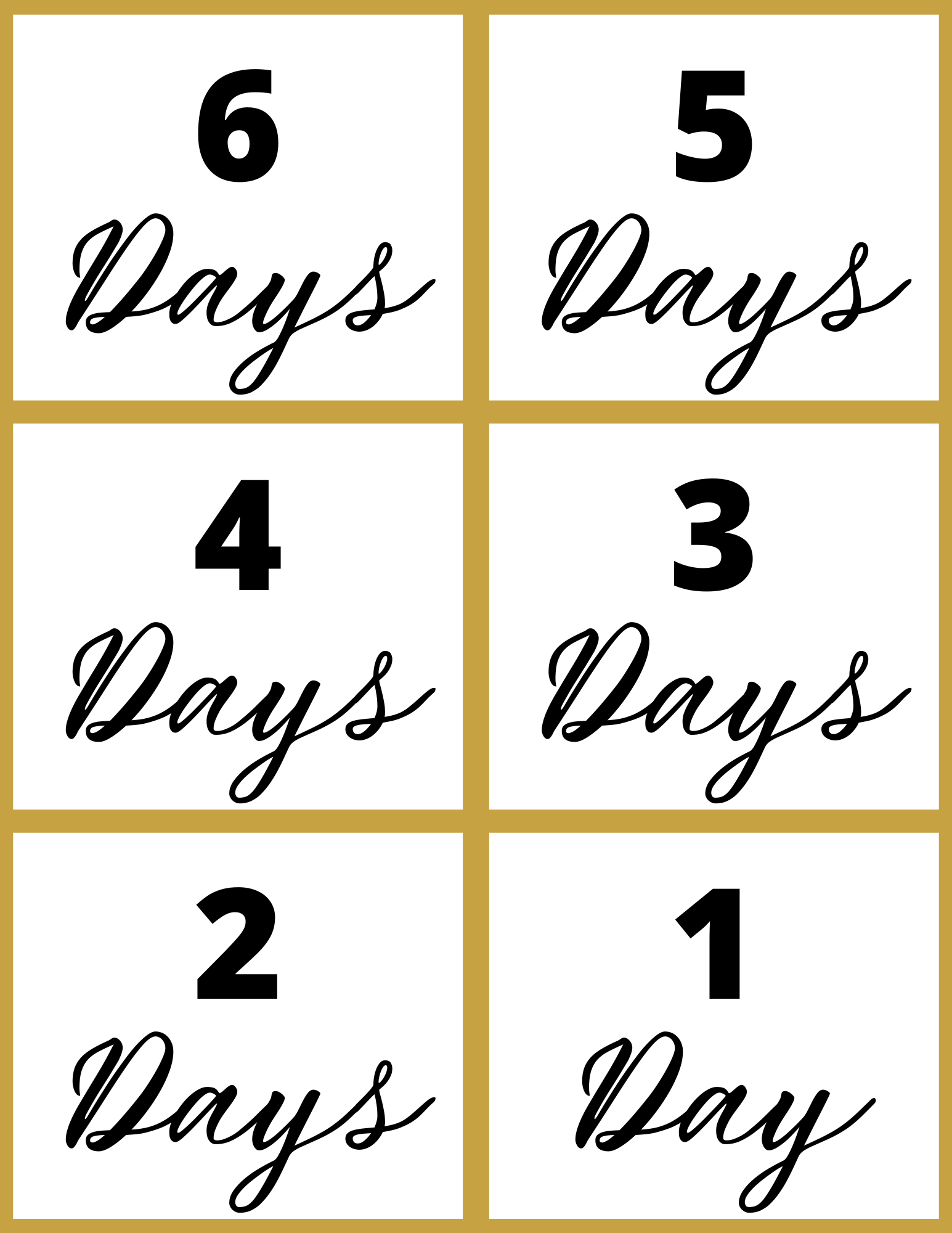 Wondermom Shop's New Year Countdown Kit features a grid of six boxes in stylish cursive font for an interactive printable countdown from "6 Days" to "1 Day.