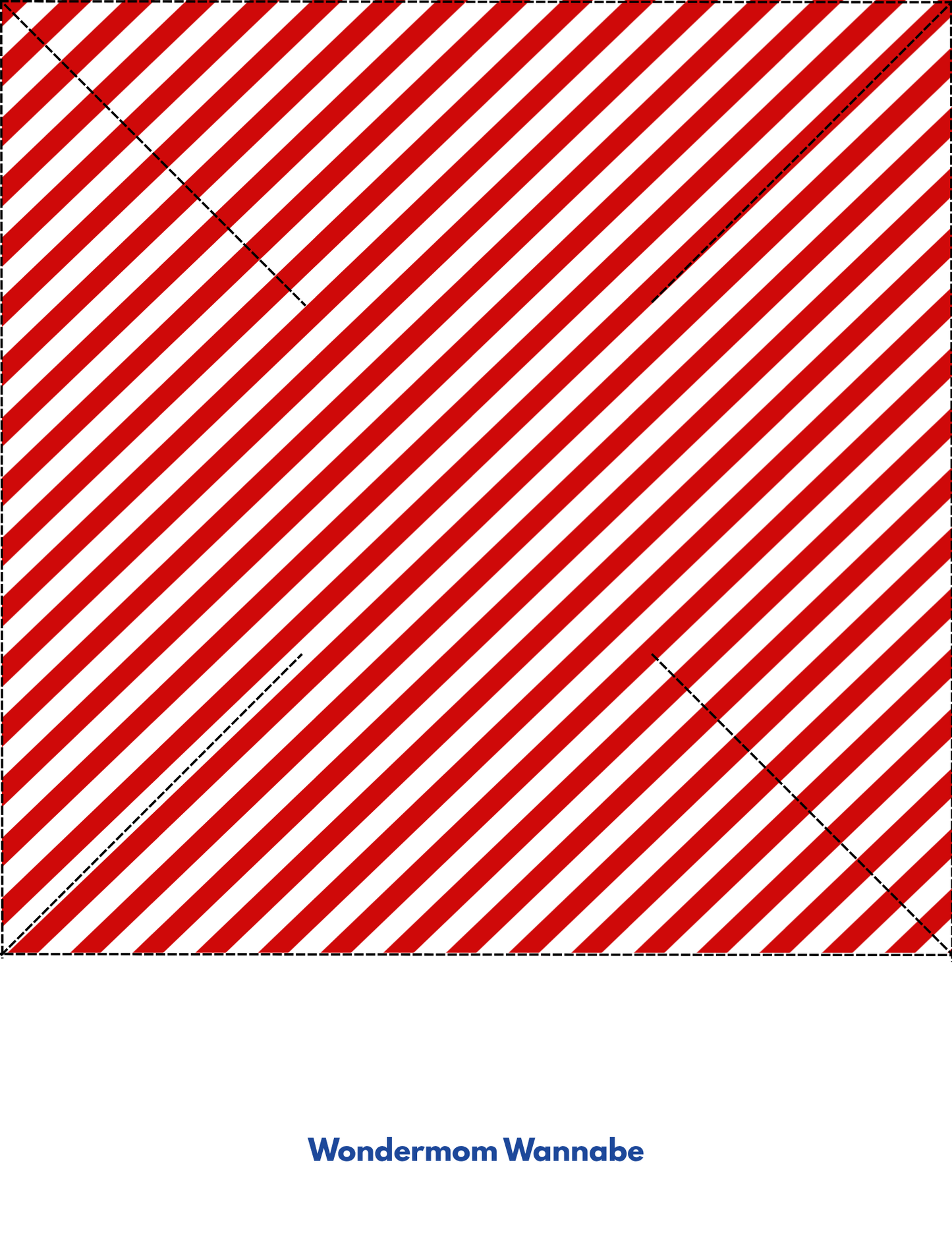 A square with red and white diagonal stripes, dashed black X outline, ideal for the Easy 4th of July Pinwheel Craft for Kids by Wondermom Shop, with "Wondermom Wannabe" centered below.