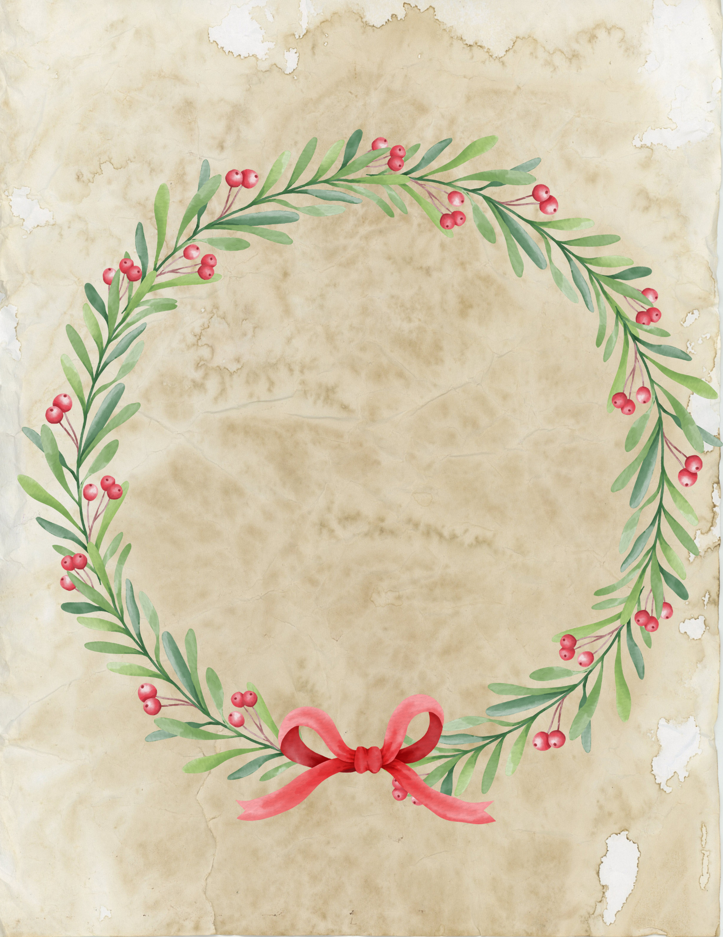 A festive Christmas Wall Art wreath with red berries, exuding holiday cheer, on an old paper by Wondermom Shop.