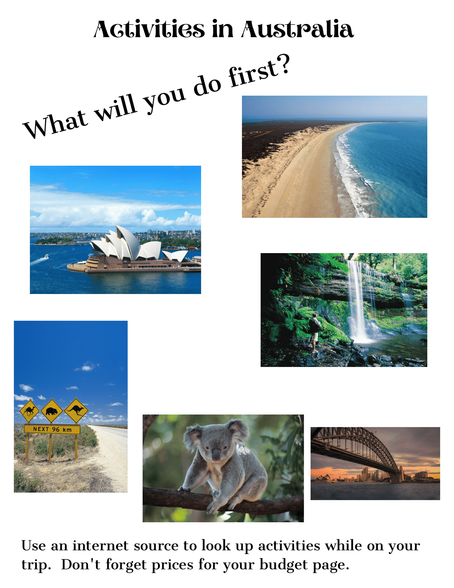 A collage of Australian activities features the Sydney Opera House, a beach, a waterfall, road signs, a koala, and the Sydney Harbour Bridge with text asking, "What will you do first?" Explore more with Wondermom Shop's Adventures in Australia Activity Pack.
