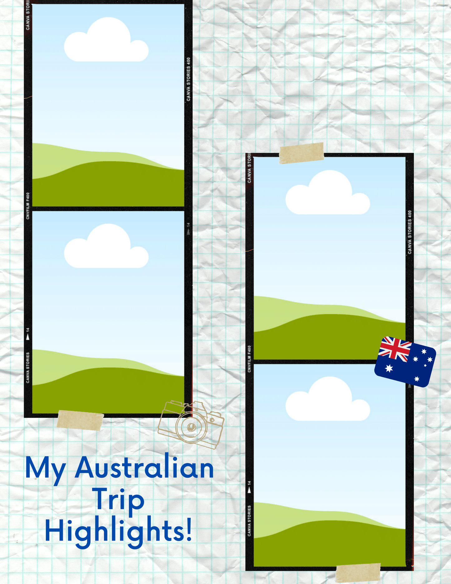 A scrapbook page from Wondermom Shop’s "Adventures in Australia Activity Pack," featuring four empty photo frames, an Australian flag sticker, a camera icon, and the text "My Adventures in Australia Activity Pack!" displayed on a grid-patterned paper background.