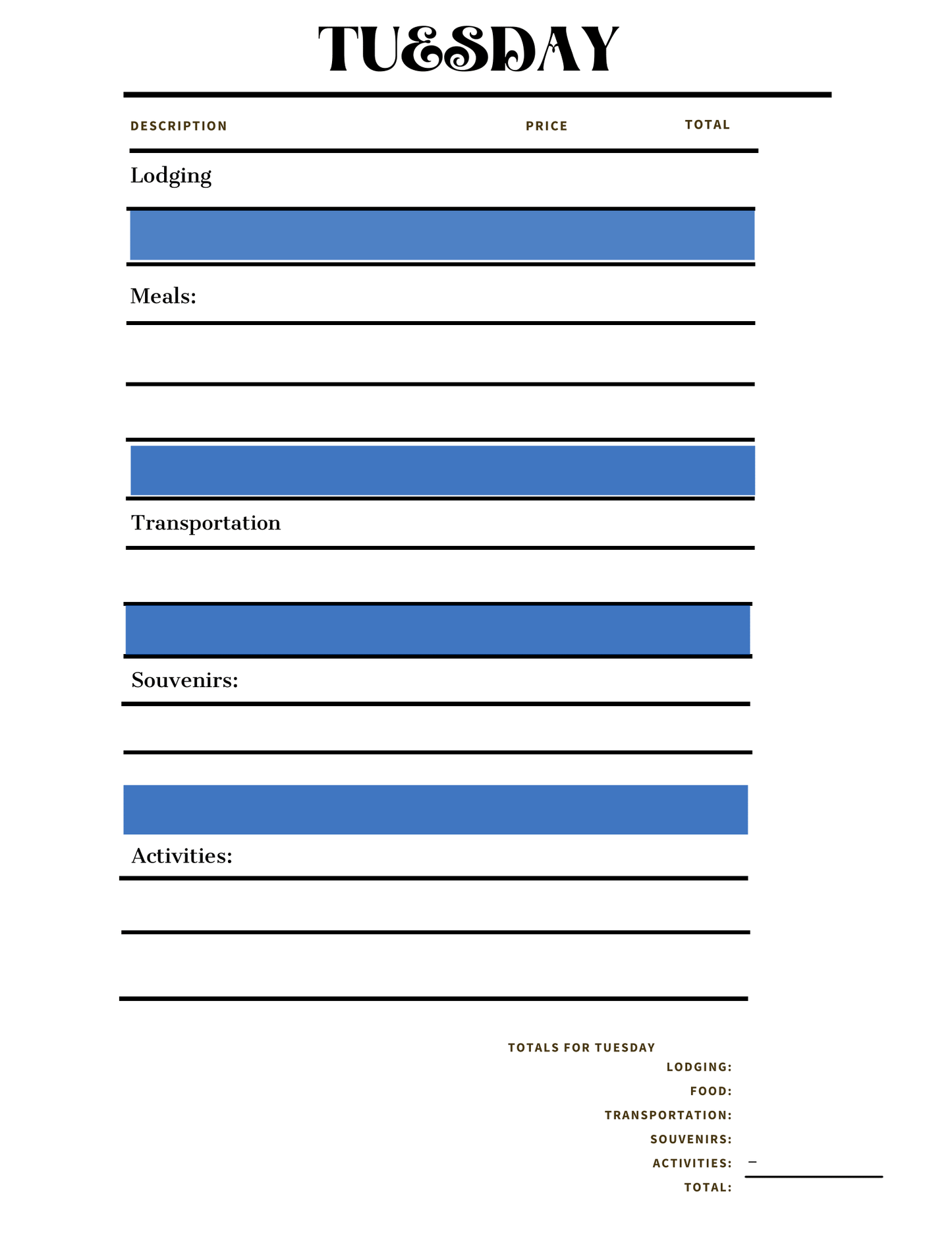 Discover the "Adventures in Australia Activity Pack" from Wondermom Shop, a comprehensive travel expense worksheet for Tuesday. It includes sections for lodging, meals, transportation, souvenirs, and activities—each with blank spaces for description, price, and total. This pack is perfect for those using a Budget Planner or interested in Destination Research to enhance their travel experiences.
