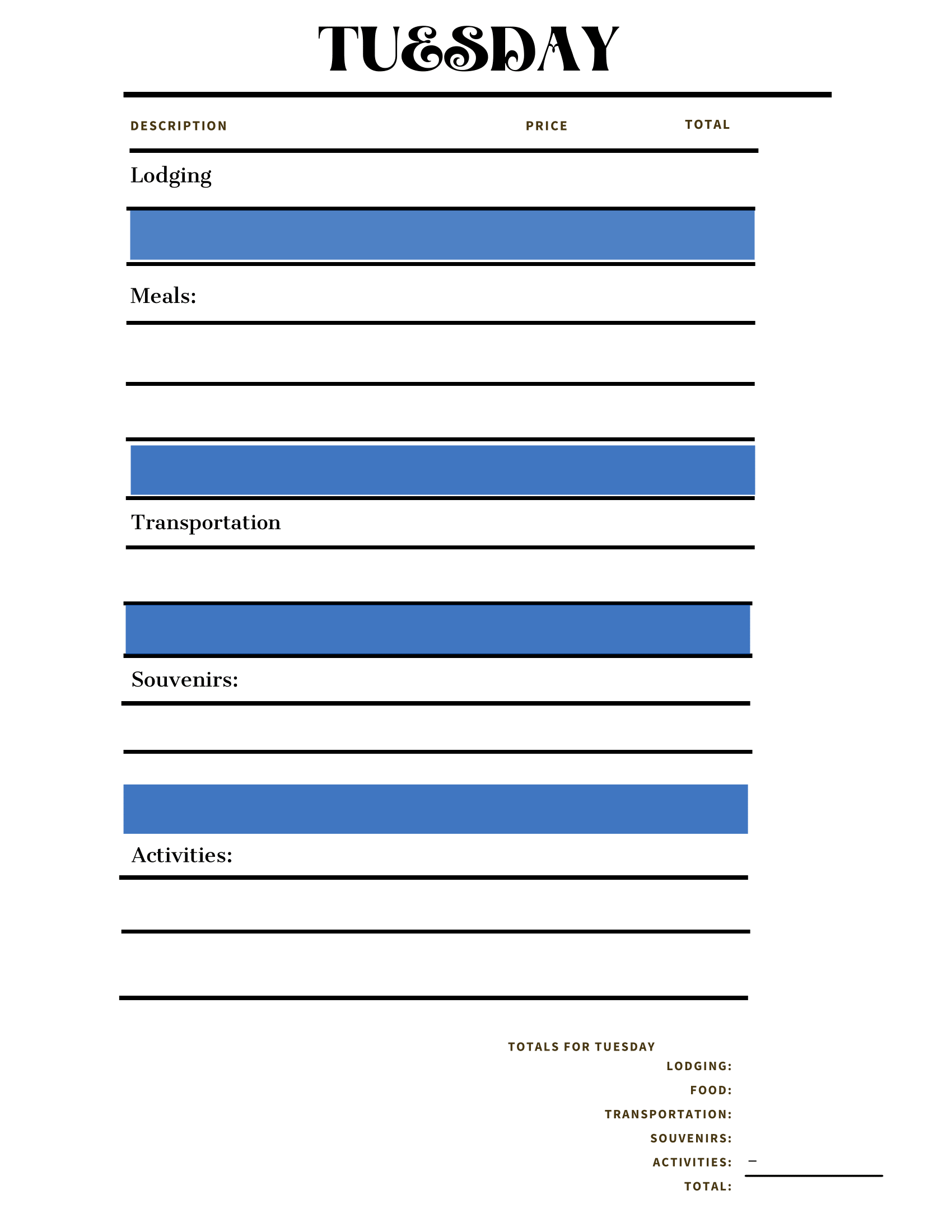 Discover the "Adventures in Australia Activity Pack" from Wondermom Shop, a comprehensive travel expense worksheet for Tuesday. It includes sections for lodging, meals, transportation, souvenirs, and activities—each with blank spaces for description, price, and total. This pack is perfect for those using a Budget Planner or interested in Destination Research to enhance their travel experiences.