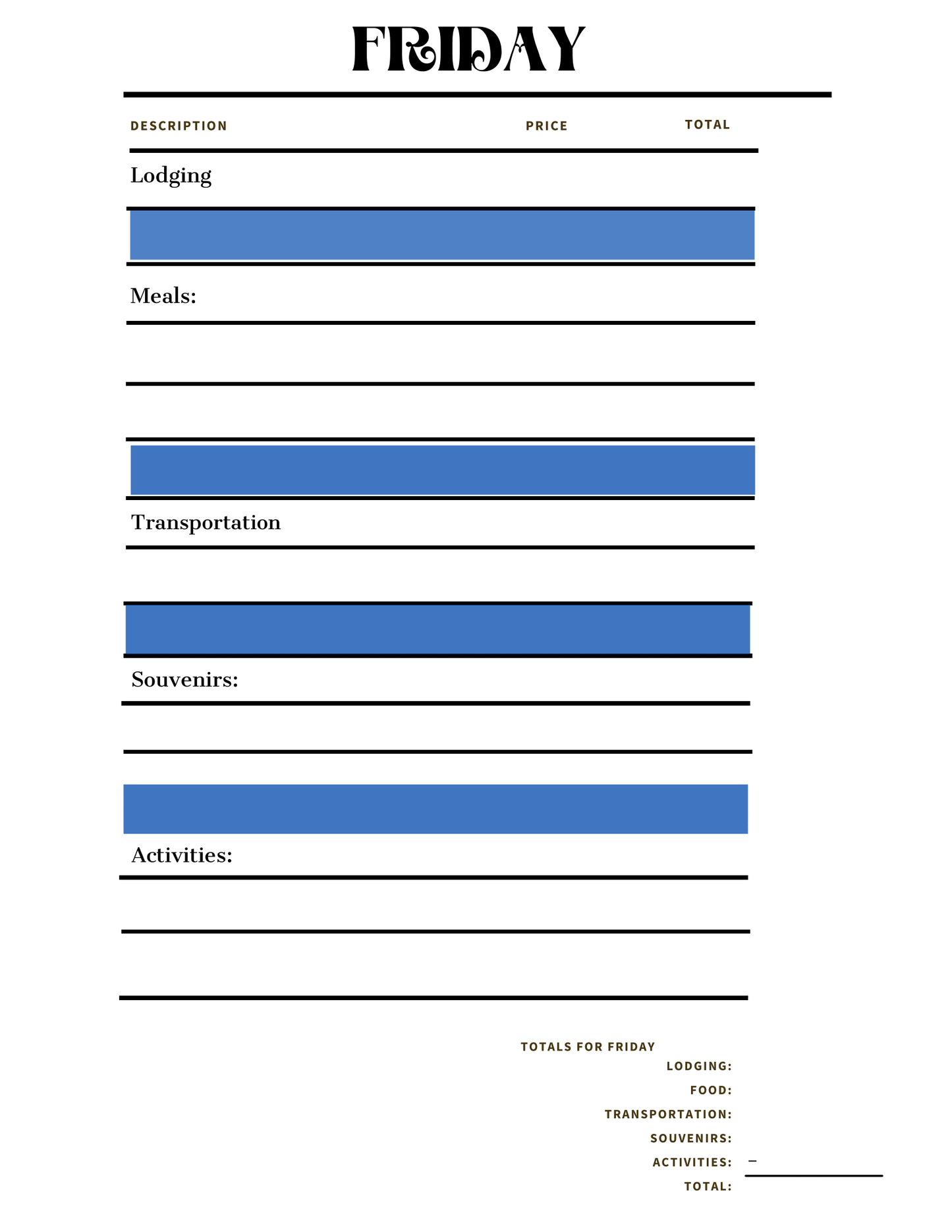 A Friday expense sheet from your Wondermom Shop's Adventures in Australia Activity Pack, featuring sections for lodging, meals, transportation, souvenirs, and activities. Each section includes corresponding price and total fields and the bottom section sums up the day's expenses.