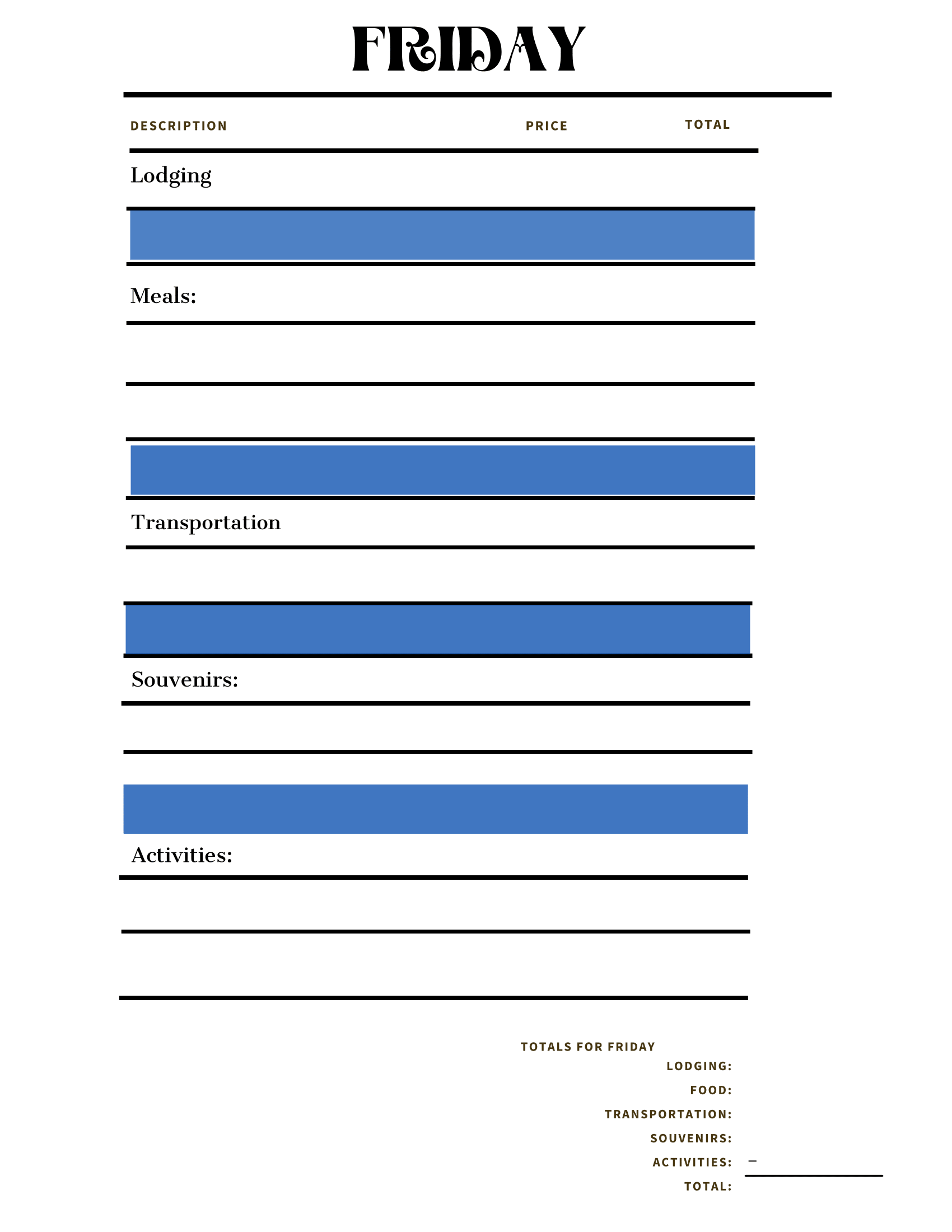 A Friday expense sheet from your Wondermom Shop's Adventures in Australia Activity Pack, featuring sections for lodging, meals, transportation, souvenirs, and activities. Each section includes corresponding price and total fields and the bottom section sums up the day's expenses.