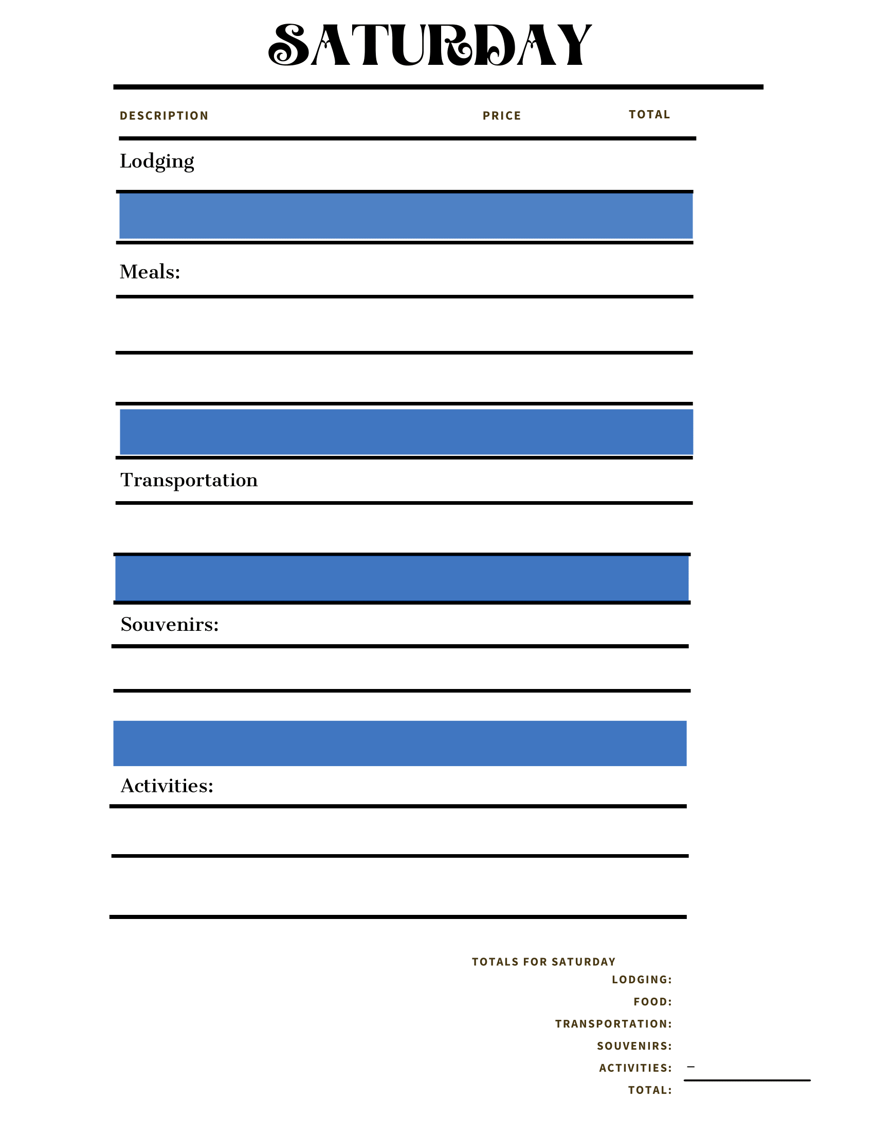The Adventures in Australia Activity Pack by Wondermom Shop includes a Saturday expense report form with sections for lodging, meals, transportation, souvenirs, and activities. Each section features columns for description, price, and total to help you stay on track like a budget planner.