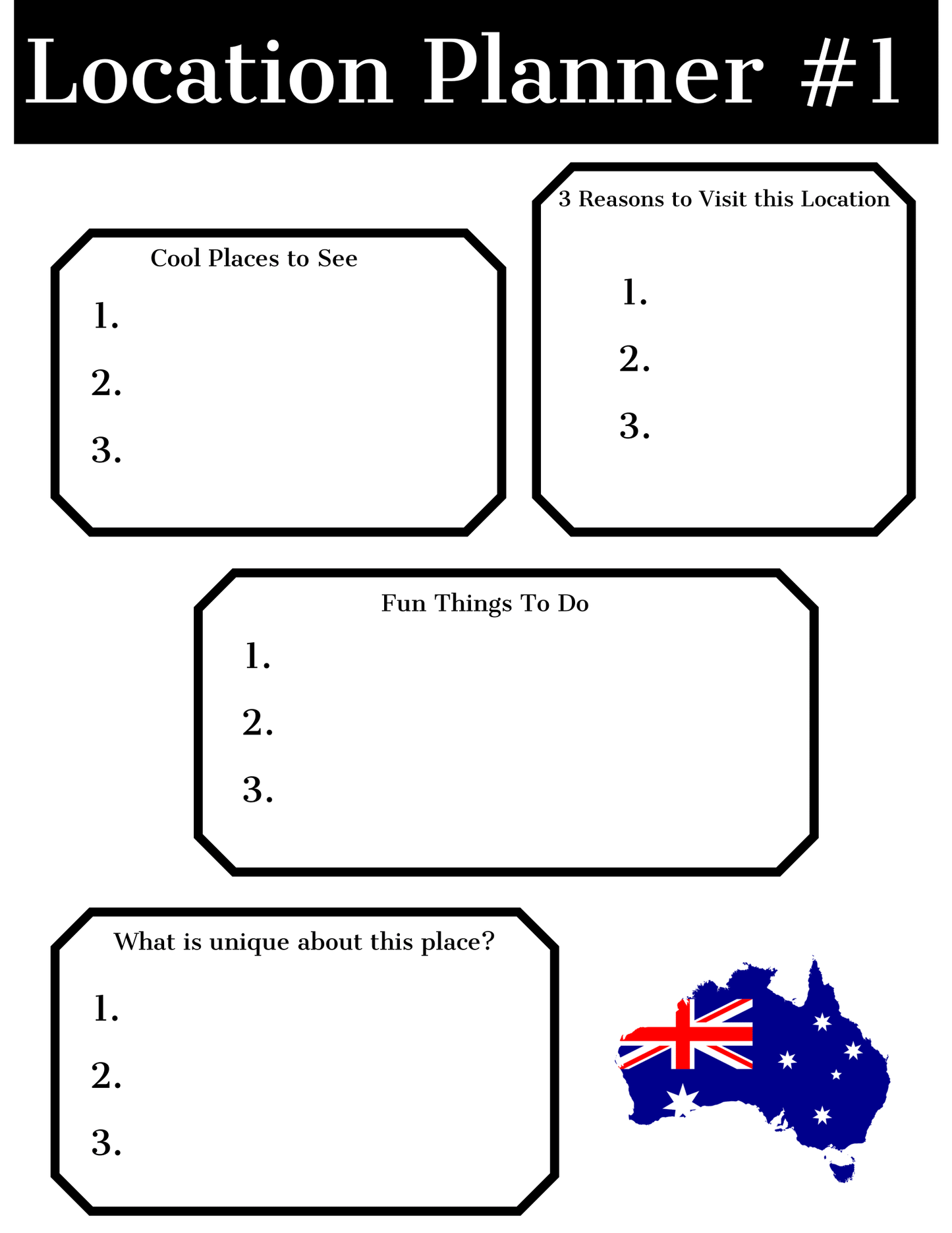 The Wondermom Shop's Adventures in Australia Activity Pack includes a location planner with sections for "Cool Places to See," "3 Reasons to Visit this Location," "Fun Things to Do," and "What is unique about this place?"—featuring a small map of Australia. Perfect for organizing your adventures!