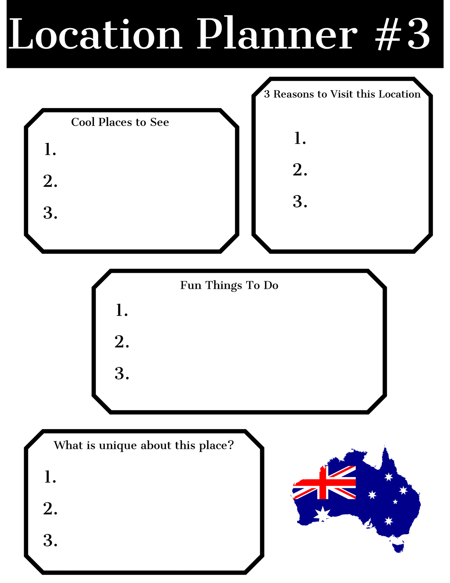 Discover "Location Planner #3" from Wondermom Shop's Adventures in Australia Activity Pack. This location planner sheet features sections for "Cool Places to See," "3 Reasons to Visit this Location," "Fun Things to Do," and "What is Unique About This Place?", all adorned with an Australian flag. Perfect for destination research and your next Australian adventure!