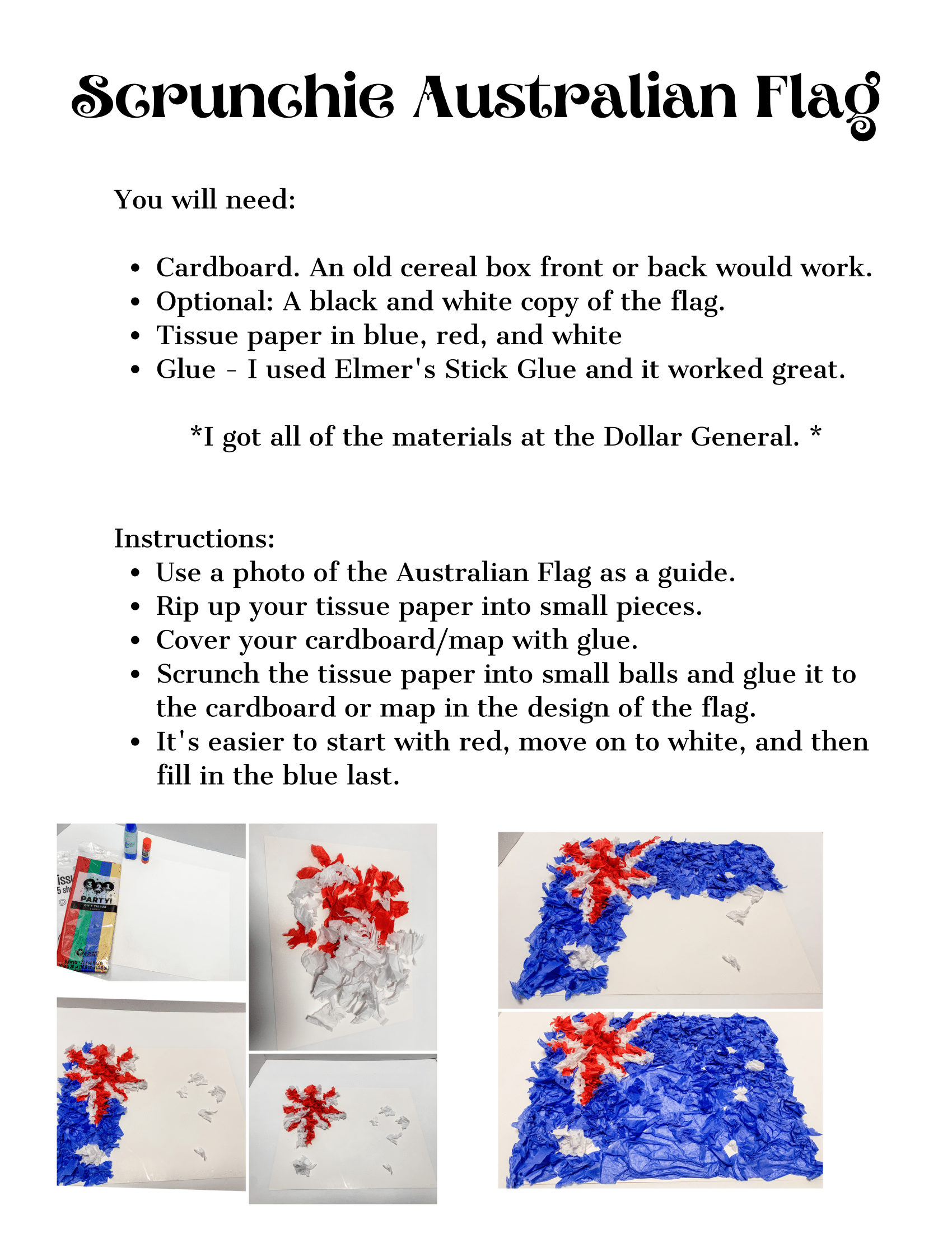 Create an Australian flag scrunchie using the Wondermom Shop's Adventures in Australia Activity Pack. This pack includes cardboard, tissue paper in blue, red, and white colors, and glue. Just follow the step-by-step guidance with images for a fun and patriotic craft!