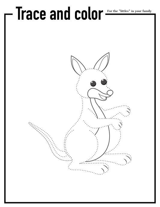 A dot-to-dot tracing and coloring image of a kangaroo, perfect for young children to complete as part of the Adventures in Australia Activity Pack by Wondermom Shop.