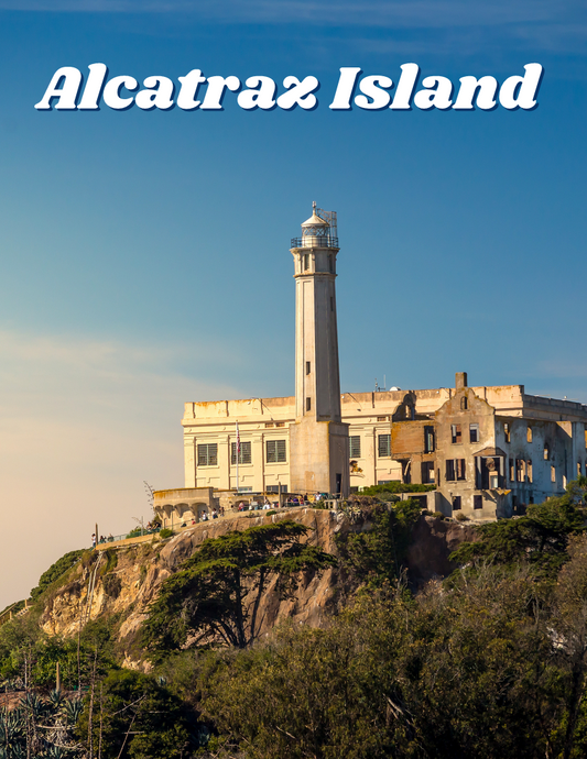 Enjoy a stunning view of Alcatraz Island, featuring its iconic historic building and lighthouse under a clear sky, with lush greenery in the foreground. Dive deeper into Alcatraz Island history with our engaging virtual tour and enhance your experience with the exclusive Alcatraz Travel Guide and Activity Kit for Kids from Wondermom Shop.