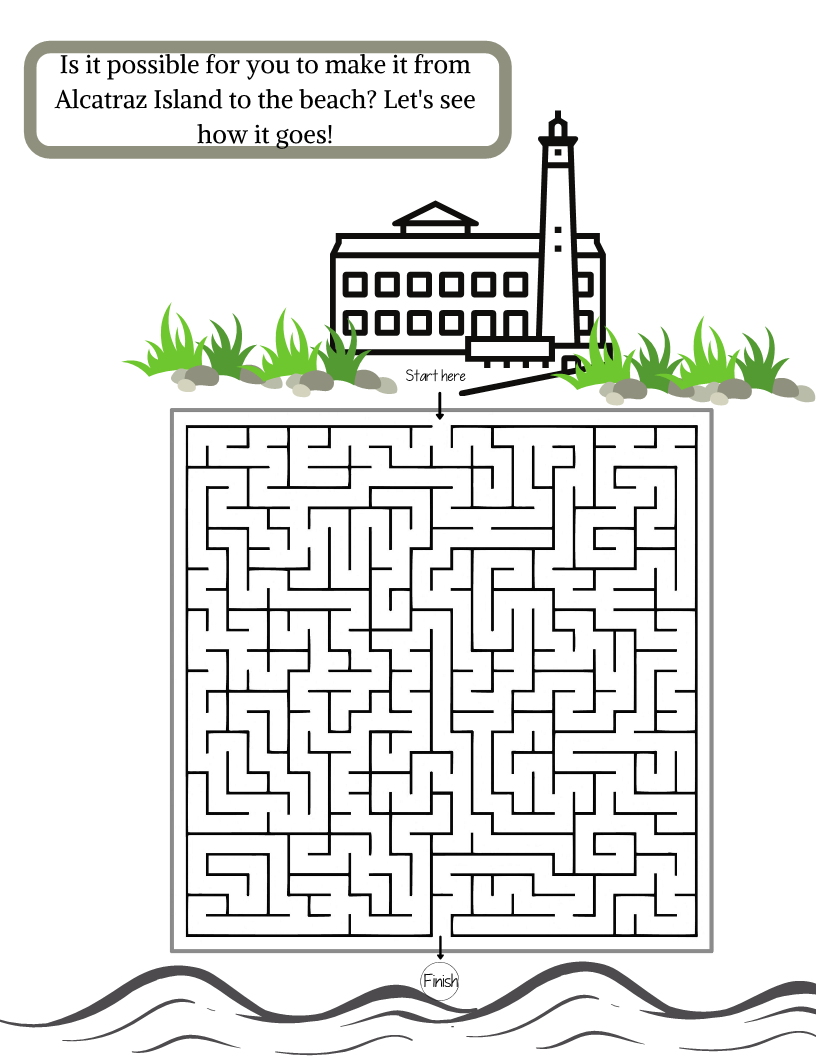 Journey from Alcatraz Island to the beach with our Maze Puzzle, featured in the Alcatraz Travel Guide and Activity Kit for Kids by Wondermom Shop. Start at the top near the island illustration and make your way down to the waves indicating the shore. This engaging activity provides a fun way to explore Alcatraz Island history.