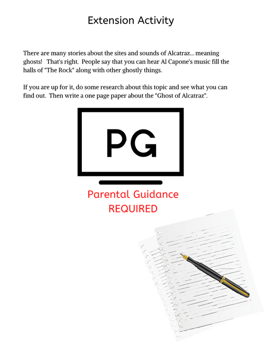 Explore our Alcatraz Travel Guide and Activity Kit for Kids, brought to you by Wondermom Shop! This extension activity page discusses the Ghost of Alcatraz with a "PG" rating graphic, indicating the need for parental guidance. It includes a suggestion to write a one-page paper on Alcatraz Island history and features an image of stacks of papers and a pen. For even more engaging activities, check out our comprehensive Alcatraz Activity Pack!