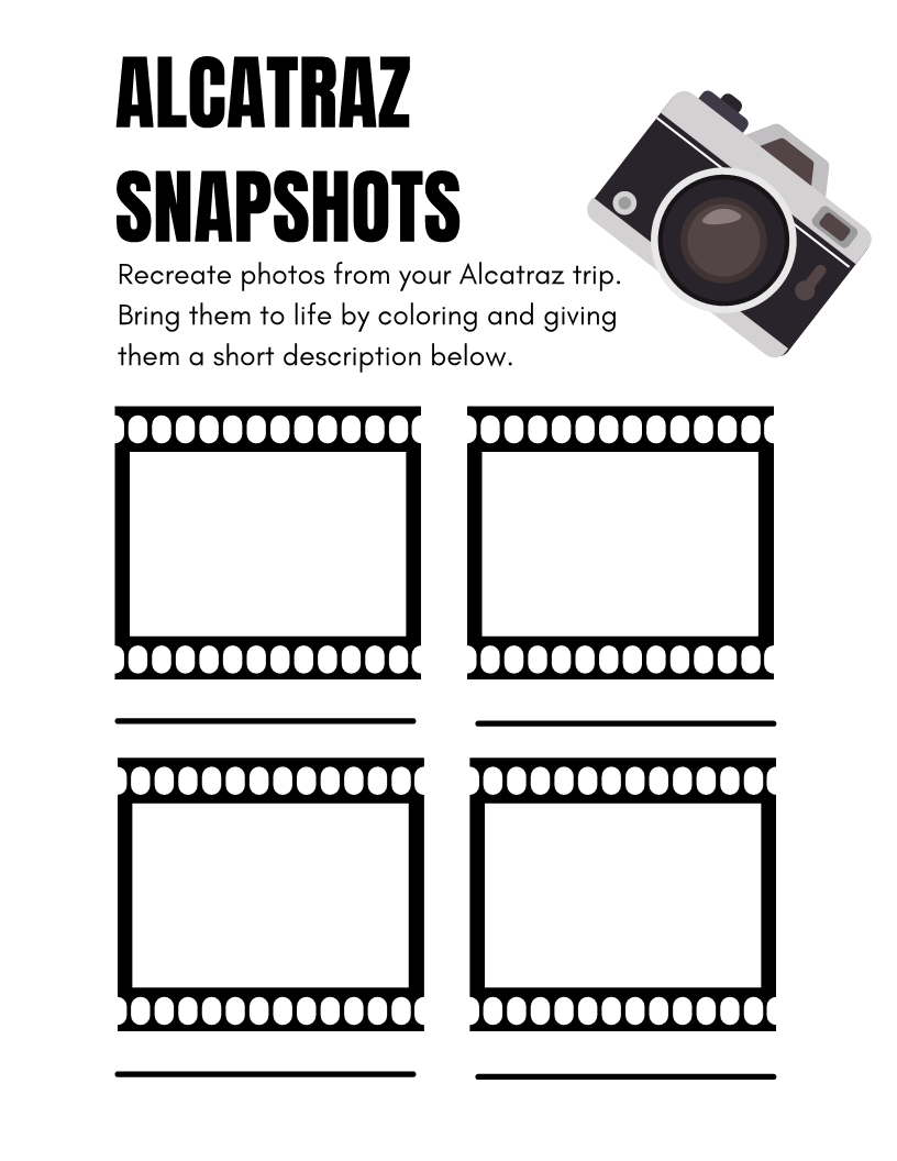 Page titled 'Alcatraz Snapshots' featuring blank photo frames for coloring and captions, designed to recreate photos from an Alcatraz Island trip. A camera icon is prominently displayed at the top right, enriching the experience of the Alcatraz Travel Guide and Activity Kit for Kids from Wondermom Shop, which highlights its historical significance.