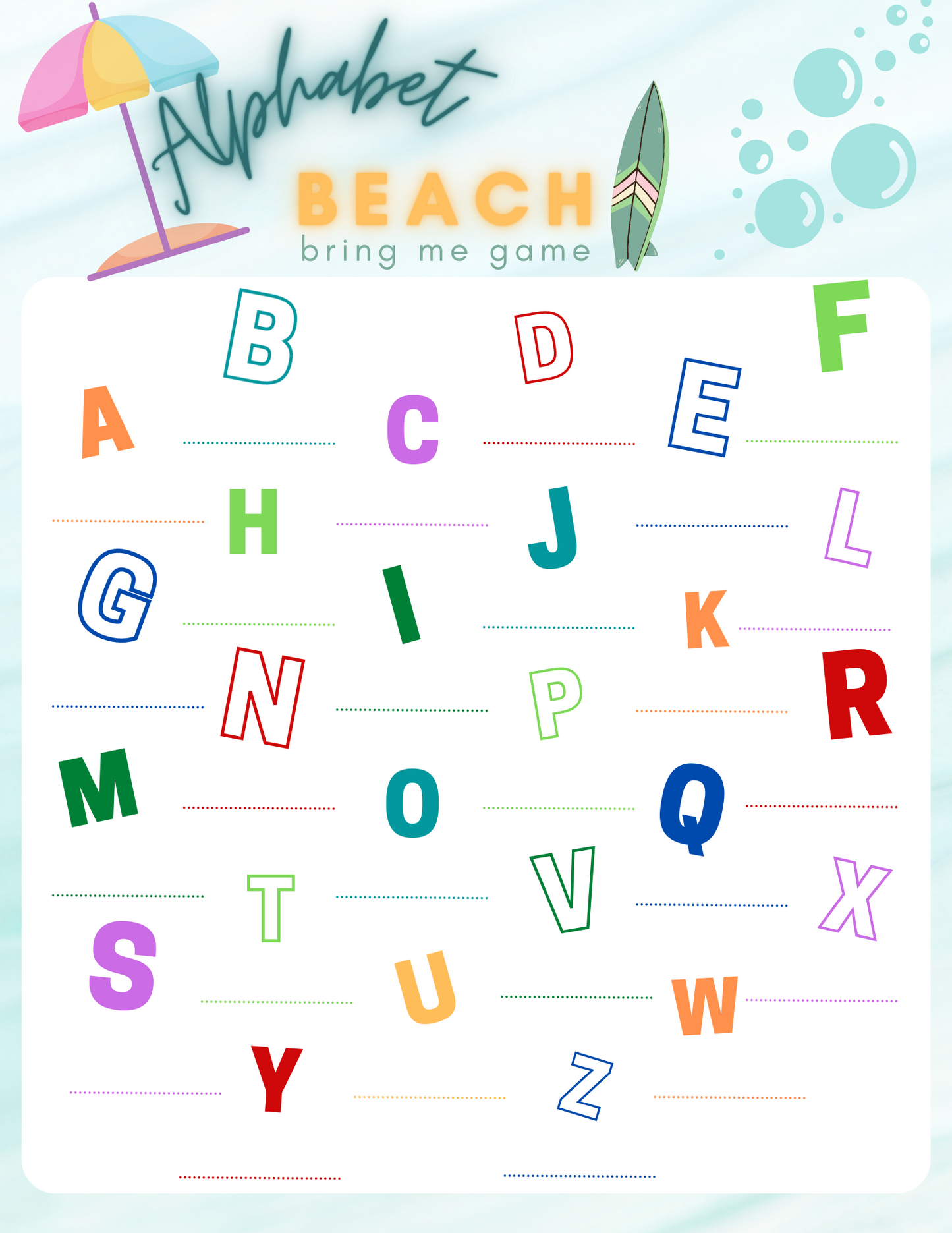 Set against a beach-themed backdrop, colorful alphabet letters are scattered with dotted lines beneath certain letters. The text at the top reads, "Alphabet Beach Bring Me Game," and it's from Wondermom Printables. This engaging setup not only allows children to learn but also sparks their creativity along the shore.