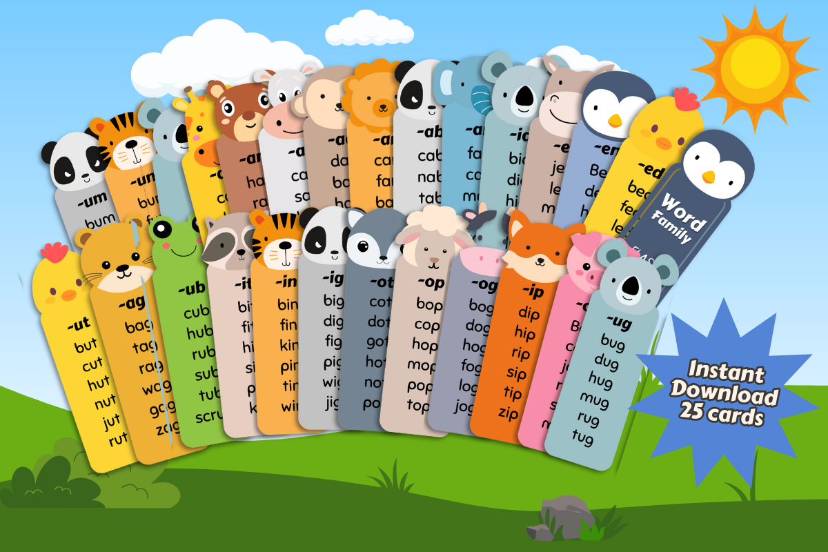 Colorful illustration of Wondermom Shop's printable CVC Word Family Flashcards with various letters and words, displayed in a sunny, grassy outdoor setting.