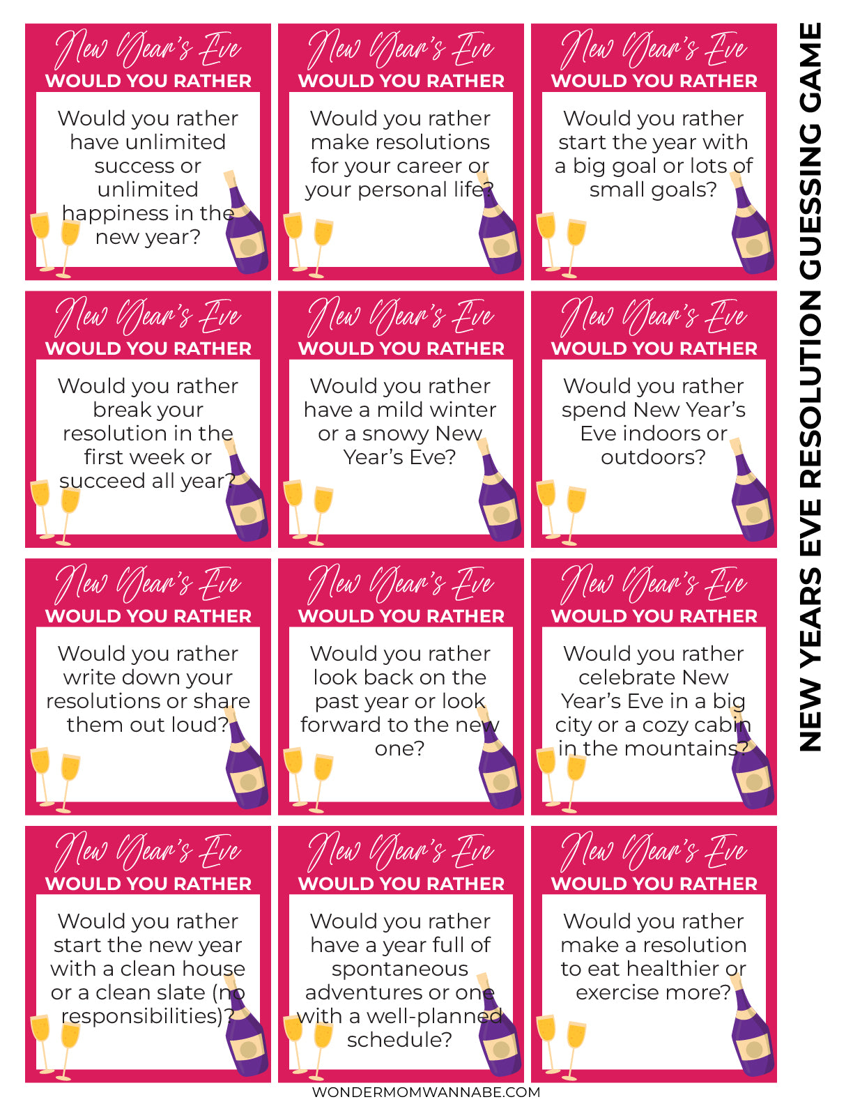 Enhance your New Year's Eve celebration with the New Year's Eve Game Night Kit by Wondermom Shop. This printable party game poster includes a Resolution Guessing Game featuring twelve 'Would You Rather' questions, all adorned with festive champagne bottle graphics to elevate the evening's fun.