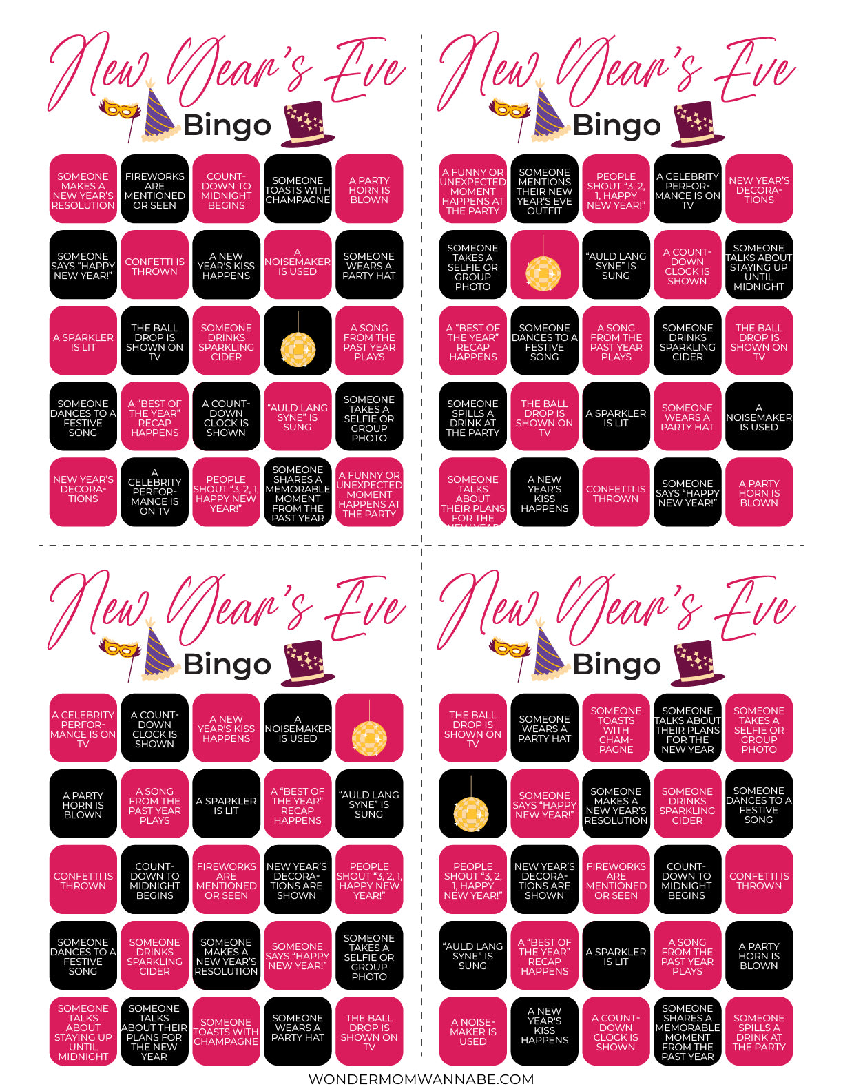 The New Year's Eve Bingo card, included in Wondermom Shop's New Year's Eve Game Night Kit, is adorned with festive icons and celebratory activities in each square to ensure an unforgettable New Year’s Eve celebration.