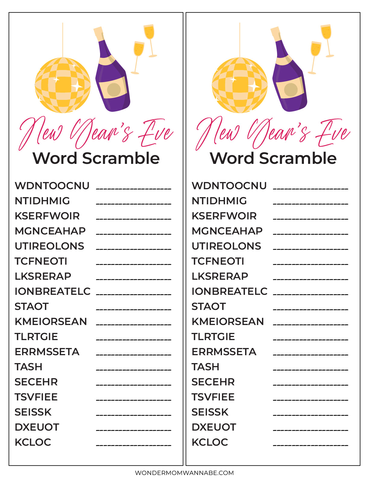 Two identical New Year's Eve-themed word scramble puzzles, included in the Wondermom Shop's New Year's Eve Game Night Kit, come with festive decorations such as disco balls and champagne bottles.