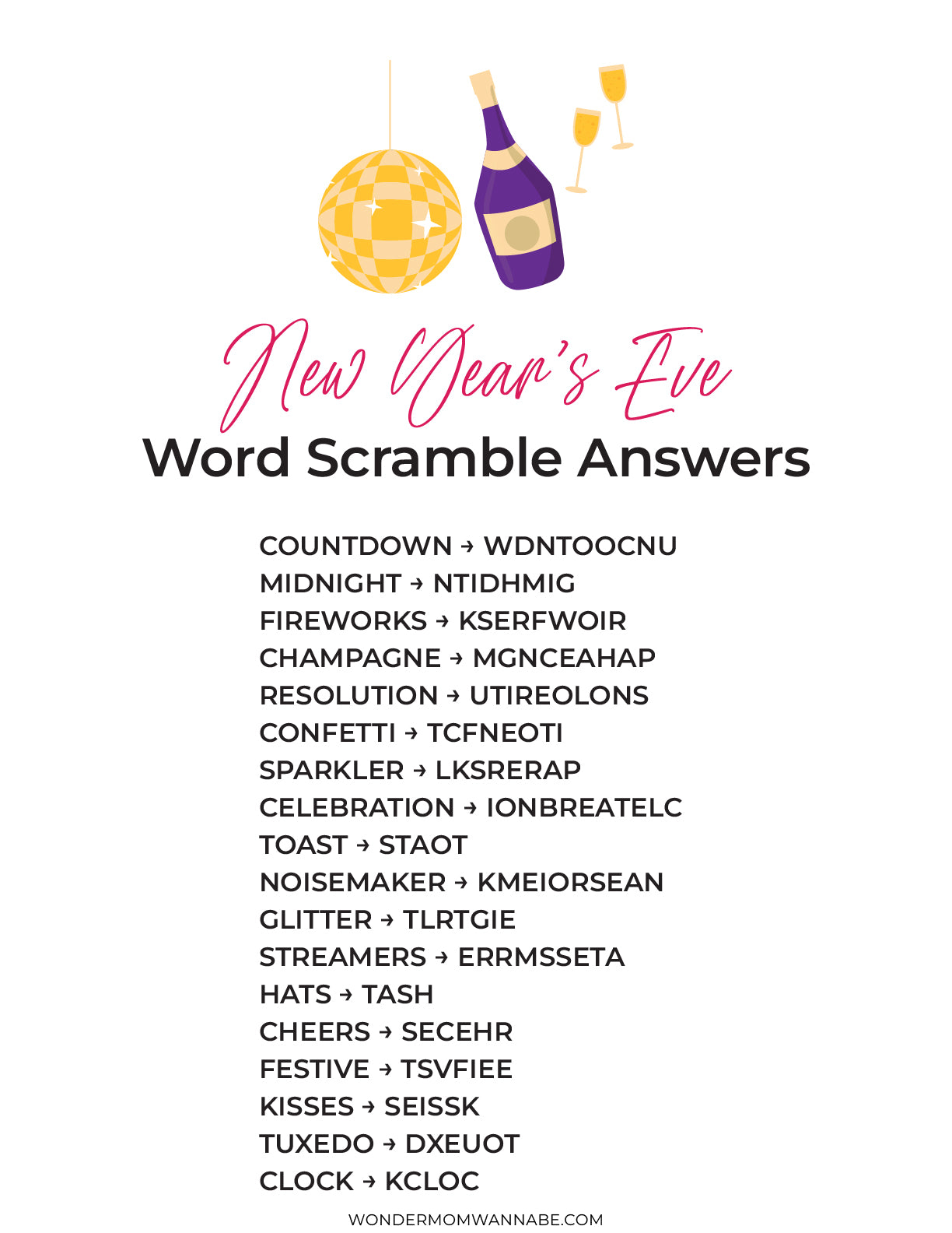 Spice up your New Year's Eve Game Night Kit by Wondermom Shop with our fun Word Scramble, which includes festive terms like Countdown, Midnight, Fireworks, and Champagne. This printable party game is perfect for any New Year’s Eve celebration with its lively celebratory icons.