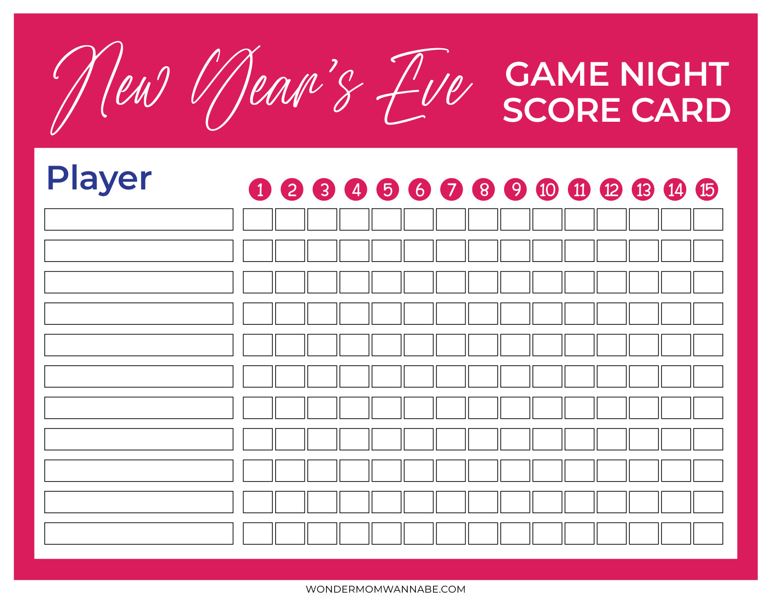 The New Year's Eve Game Night Kit by Wondermom Shop features a scorecard designed for up to 15 rounds, making it an ideal addition to your New Year's Eve celebration. Enjoy this printable party game while ringing in the new year with friends and family.