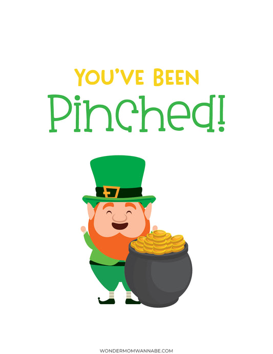 Illustration of a smiling leprechaun in green holding a pot of gold, with the "You’ve Been Pinched" text above. Ideal for St. Patrick’s Day games or as a festive treat bag addition from VIP Vault for your celebrations.