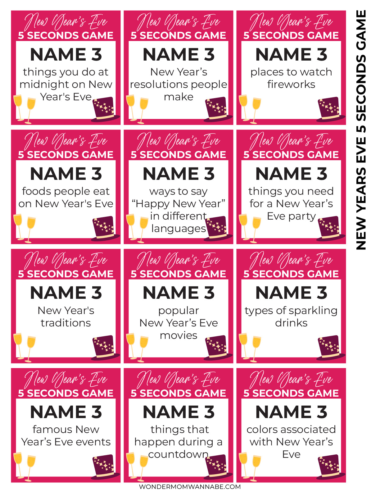The Wondermom Shop's New Year's Eve Game Night Kit includes a printable party game with a card grid for the New Year's Eve "5 Seconds Game," where each card challenges players to name three items associated with New Year's topics such as resolutions, foods, and traditions—ideal for your New Year's Eve festivities.