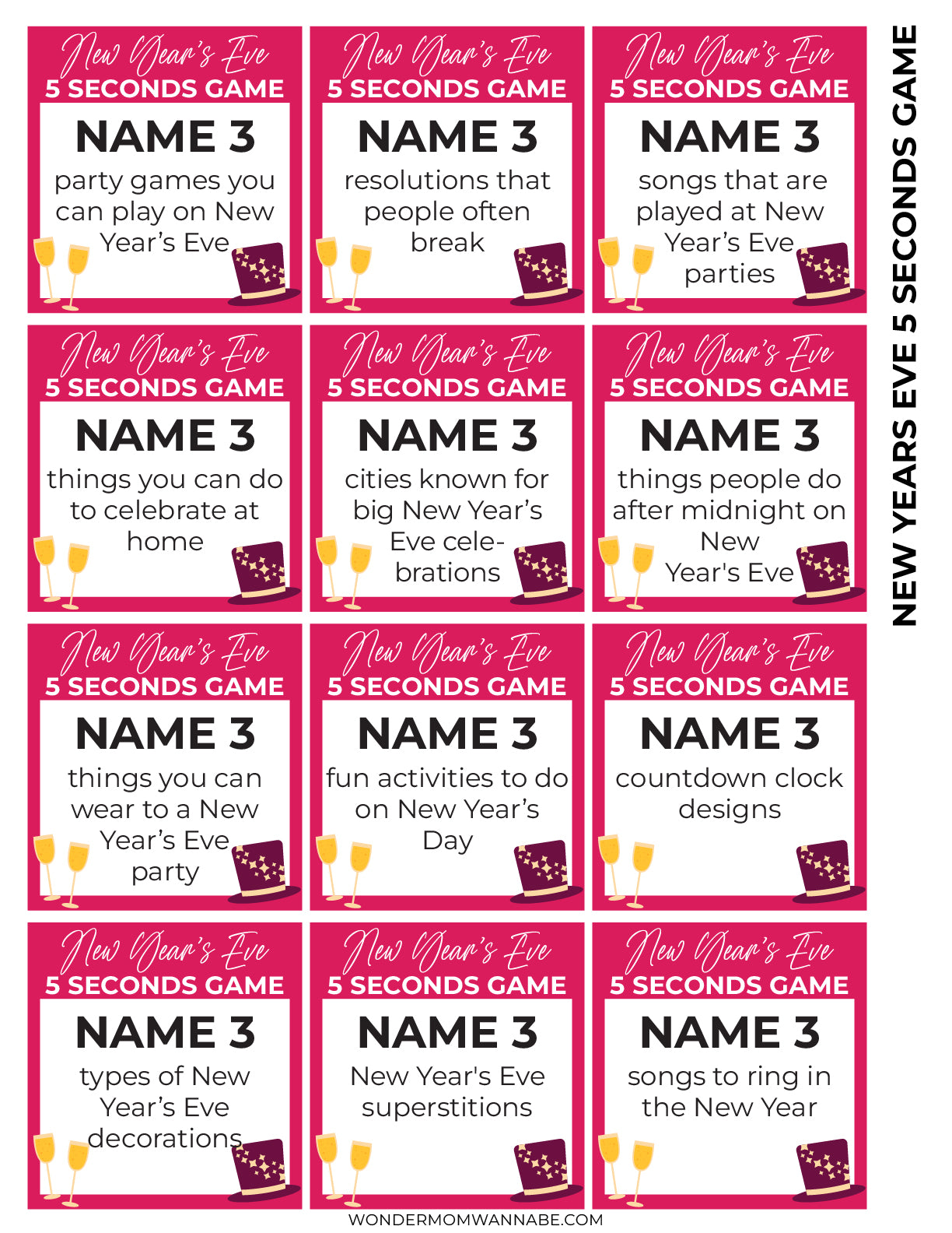 Start your New Year's Eve celebration with Wondermom Shop's New Year's Eve Game Night Kit, which includes text cards featuring entertaining prompts such as resolutions, party games, and countdown traditions. This printable game is ideal for making your gathering truly memorable!