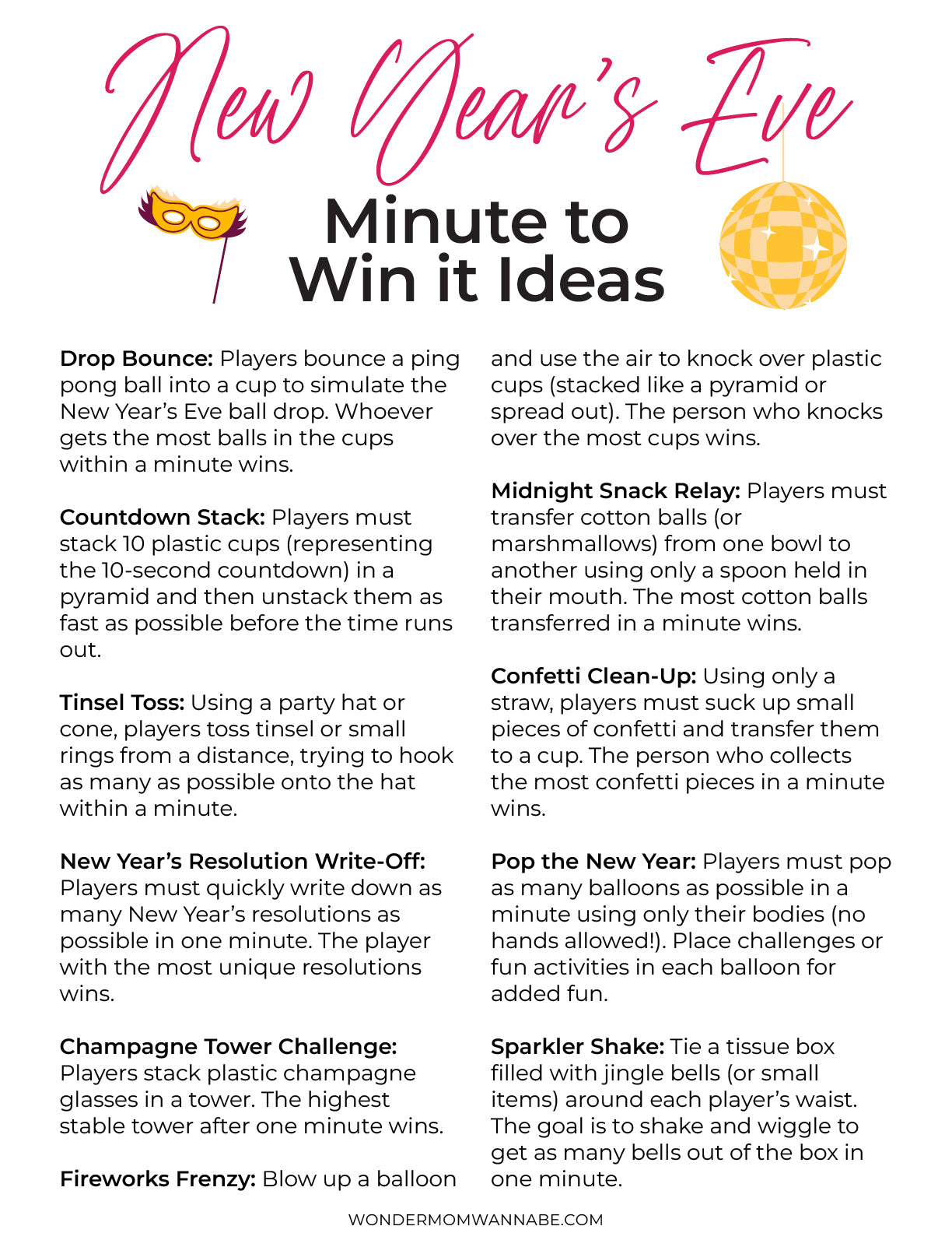 Introducing the Wondermom Shop's New Year's Eve Game Night Kit: a lively party game ideas poster featuring exciting games like Drop Bounce, Countdown Stack, and Tinsel Toss. Ideal for your New Year’s Eve celebration, this printable collection provides concise descriptions to ensure endless fun.