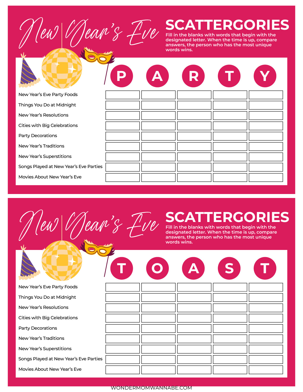Introducing the New Year's Eve Game Night Kit from Wondermom Shop: a festive Scattergories game sheet designed to enhance your celebration! It includes two sections, "Party" and "Toast," each featuring ten categories for you to fill in. Elevate your festivities by adding this printable party game for an extra dose of fun!