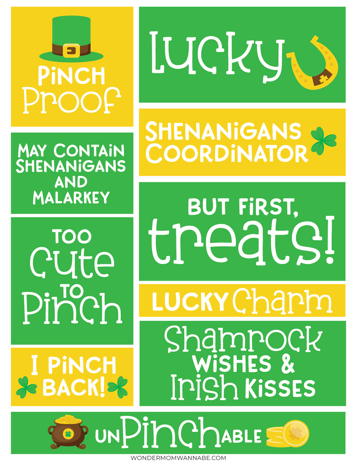 Discover the "You’ve Been Pinched" festive treat bag by VIP Vault, featuring green and yellow St. Patrick's Day-themed phrases like "Lucky Charm" and "Too Cute to Pinch," adorned with shamrock and hat illustrations. This cheerful set is perfect for your holiday celebrations!.